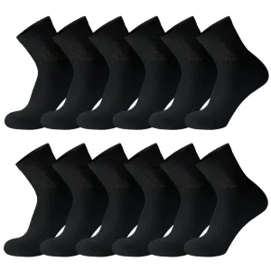 12 Pairs of Diabetic Cotton Athletic Sport Quarter Socks (Black)