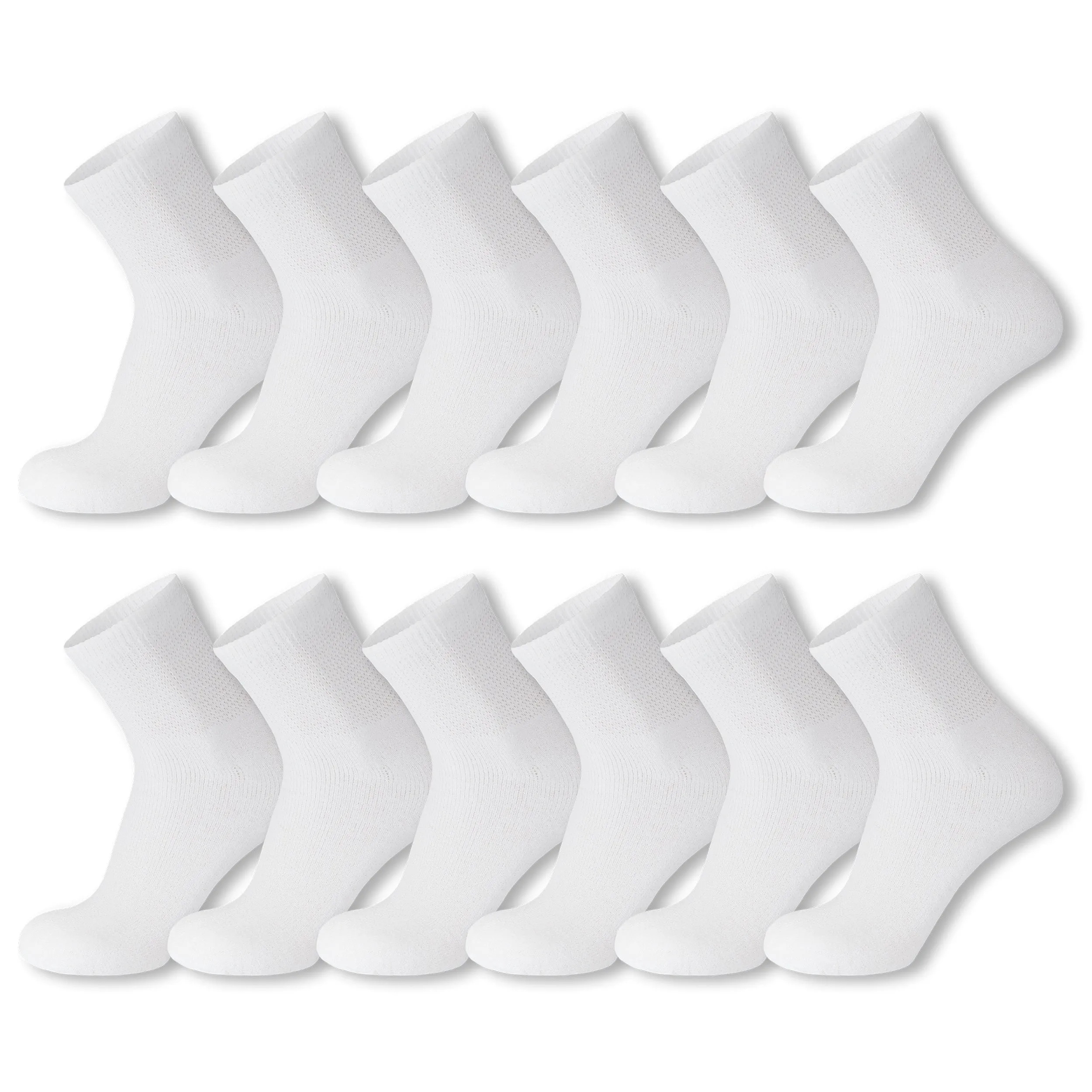 12 Pairs of Diabetic Cotton Athletic Sport Quarter Socks (White)