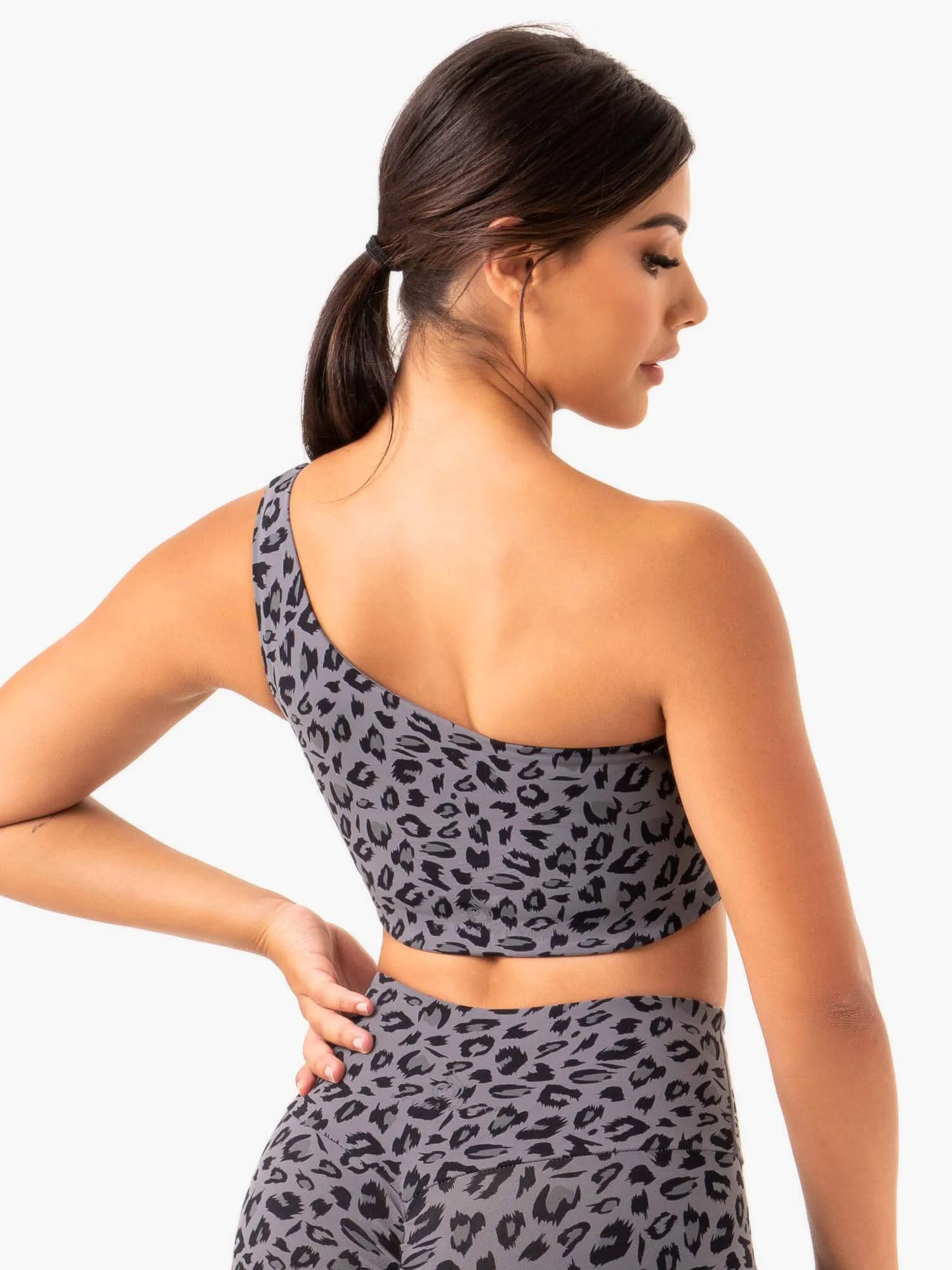 Adapt One Shoulder Sports Bra - Grey Leopard