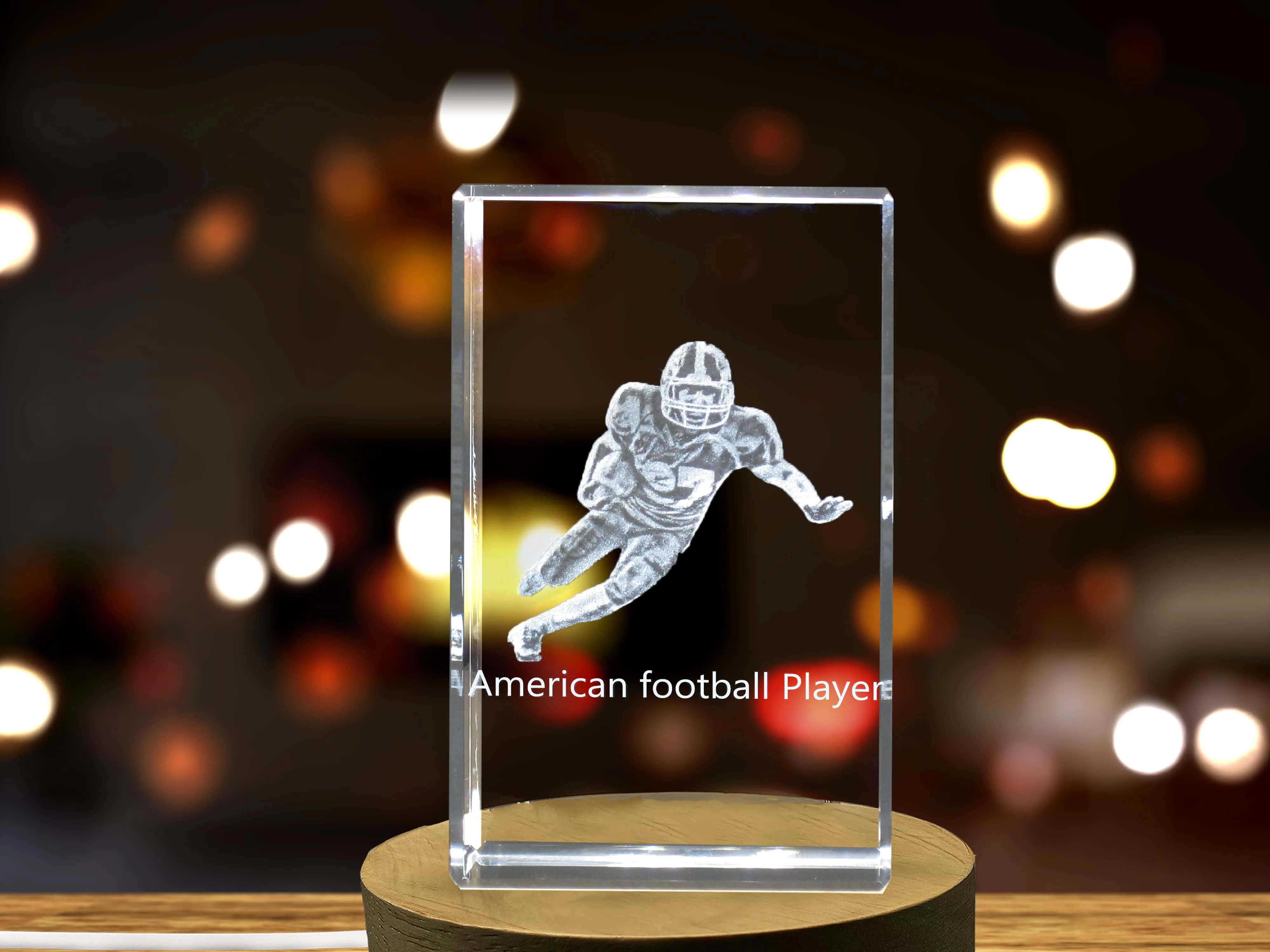 American Football Player 3D Engraved Crystal with LED Base