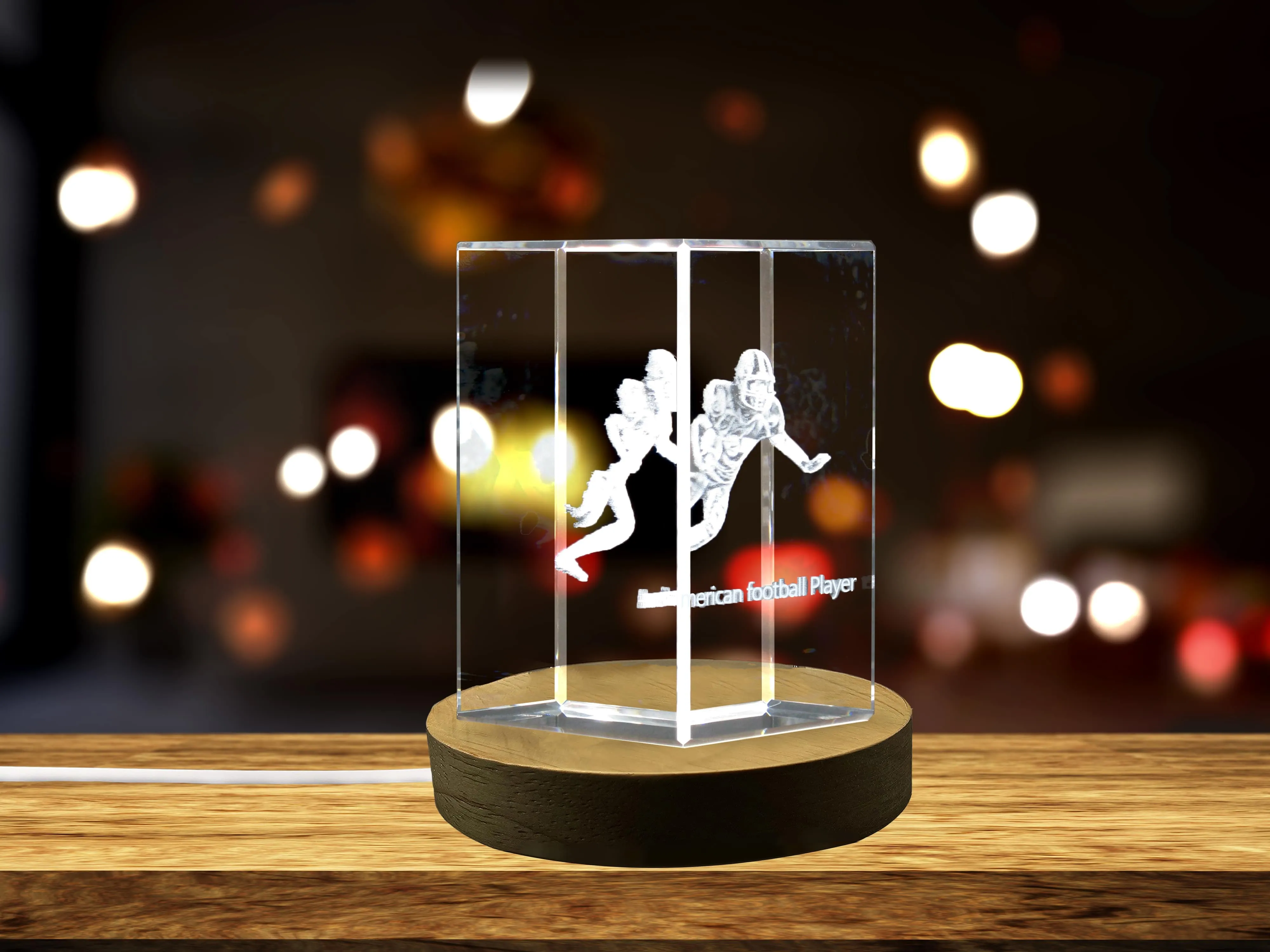 American Football Player 3D Engraved Crystal with LED Base