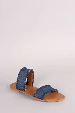 Bamboo Two Band Frayed Denim Slide Sandal