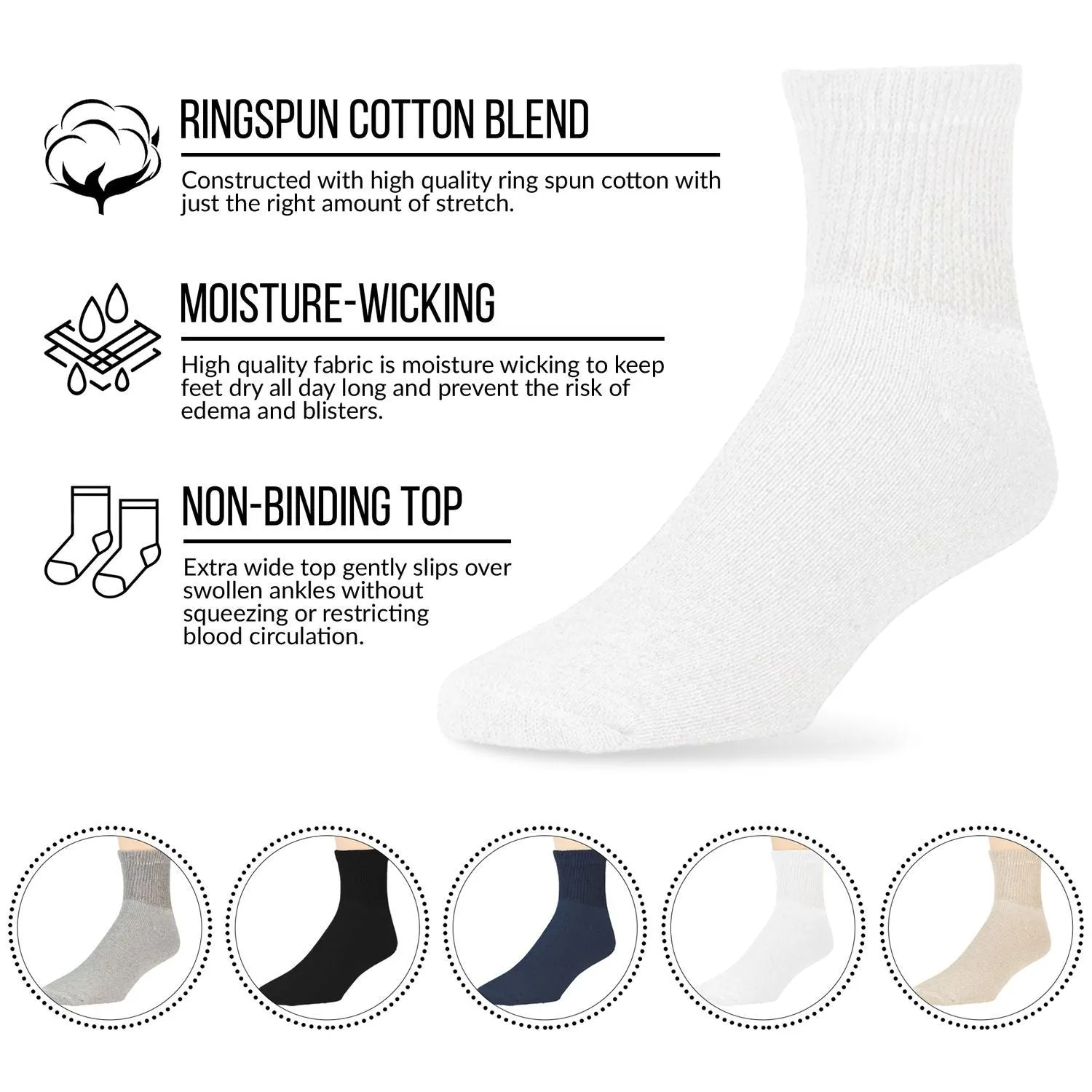 Big and Tall - 12 Pairs of Cotton Diabetic Quarter-Ankle Socks, Athletic King Size Socks (Socks Size 13-16)