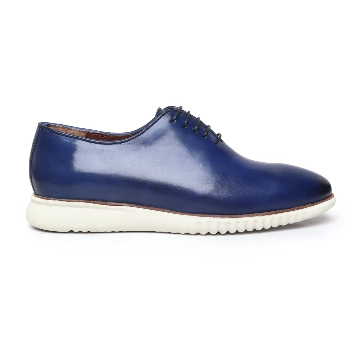 Blue Leather Sneakers With Contrasting White Sole