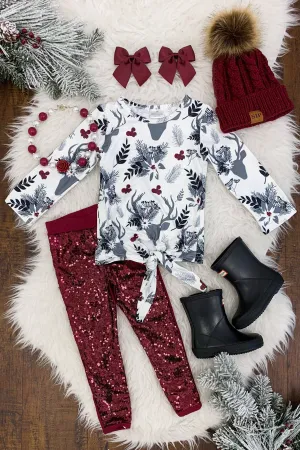 Burgundy Floral Deer Sequin Pant Set