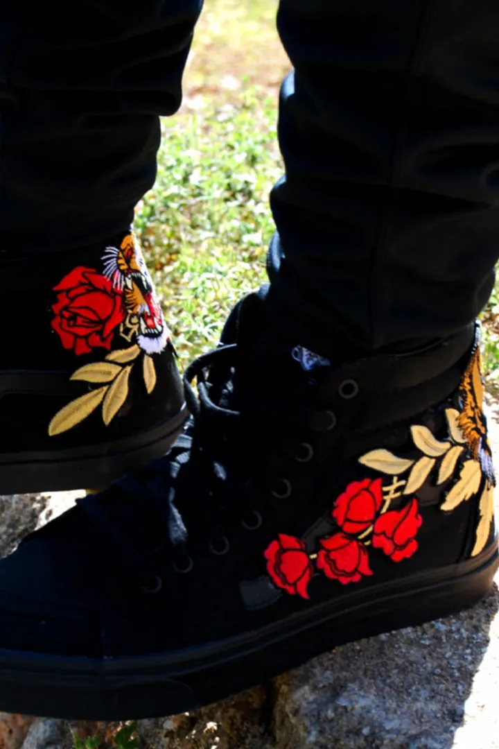 Custom Embroidered Tiger Rose Vans Black Sneakers Shoes