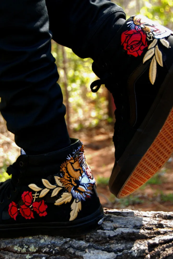 Custom Embroidered Tiger Rose Vans Black Sneakers Shoes