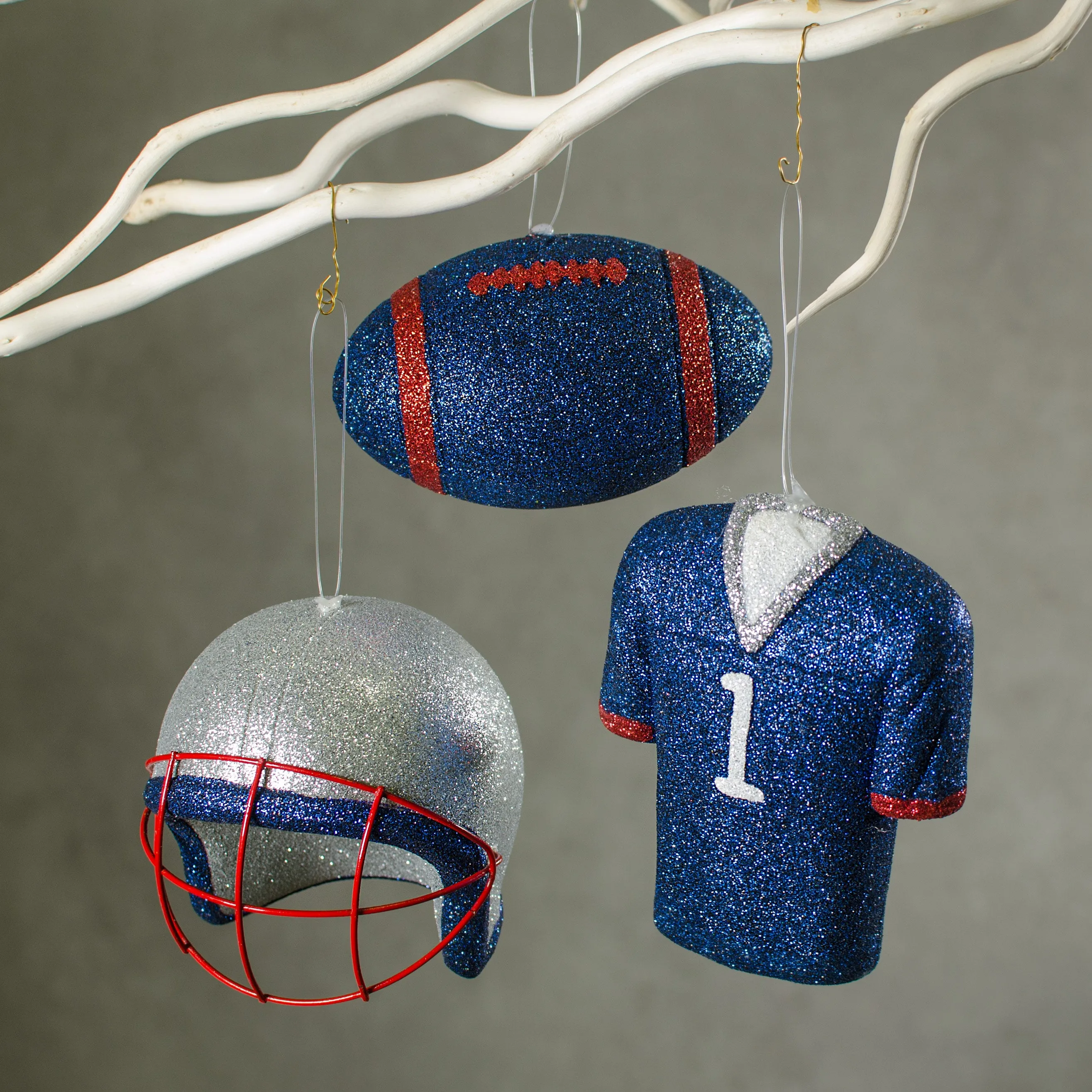 Glitter Football Ornament Assortment: Red, Blue & Silver (Set of 3)