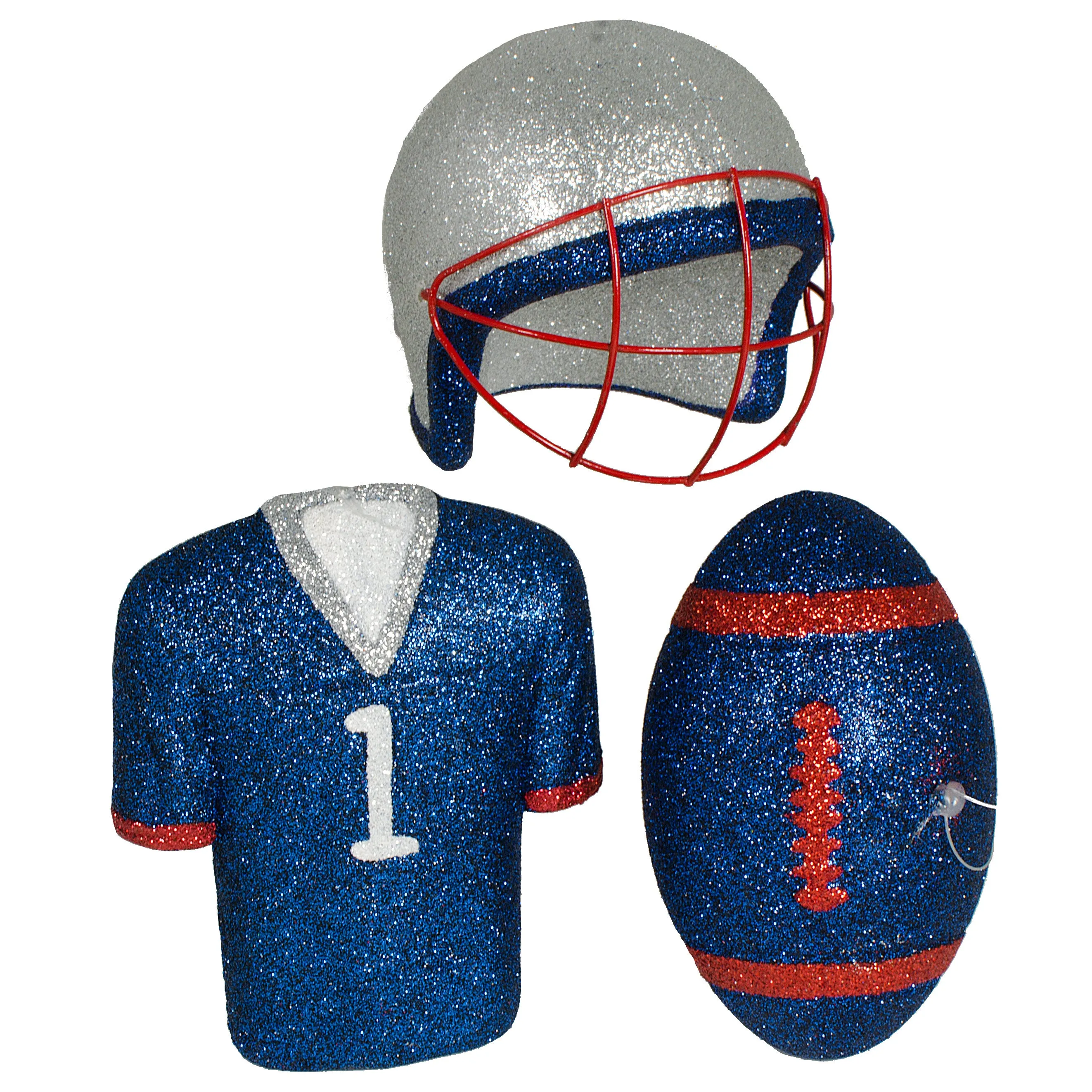 Glitter Football Ornament Assortment: Red, Blue & Silver (Set of 3)