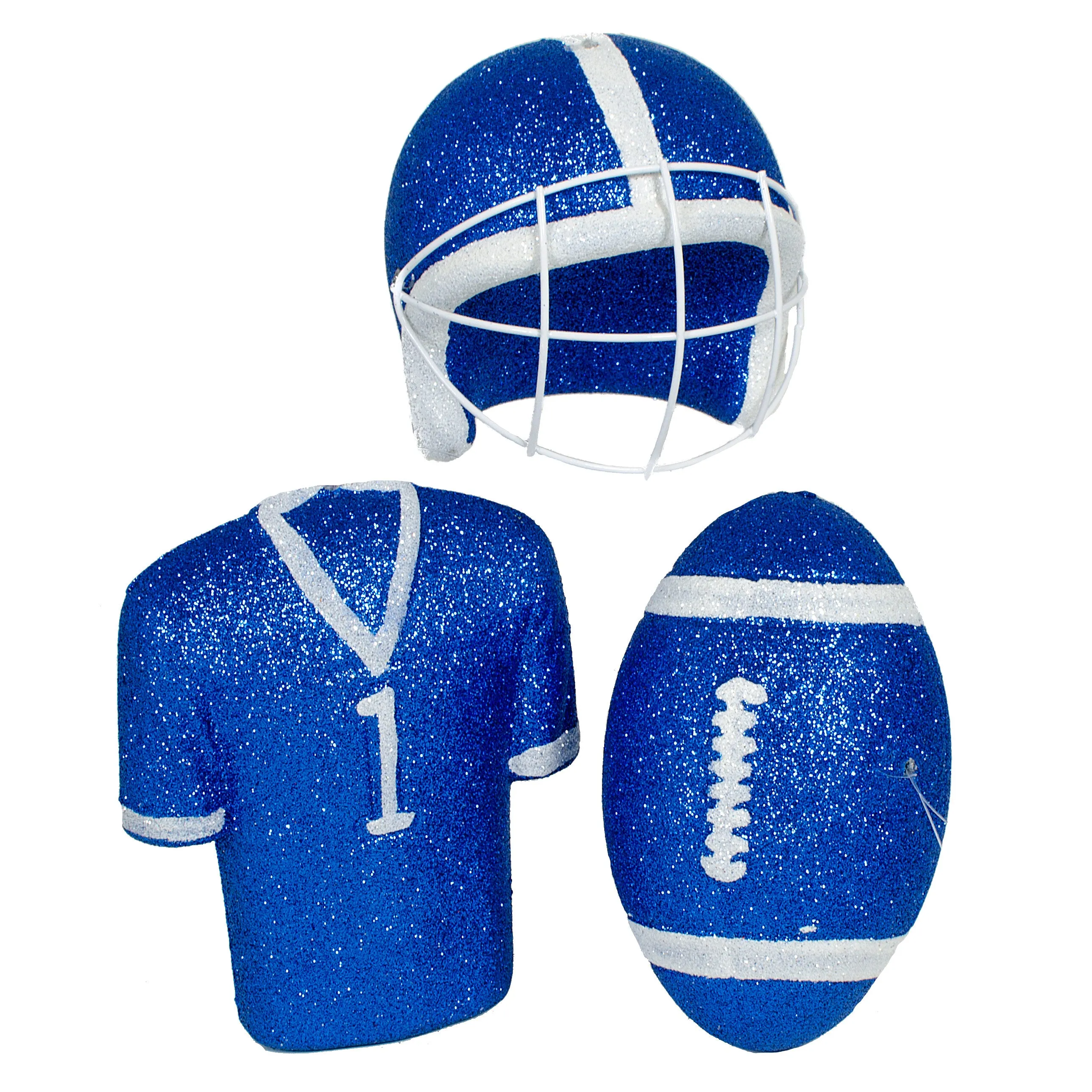 Glitter Football Ornament Assortment: Royal Blue & White (Set of 3)