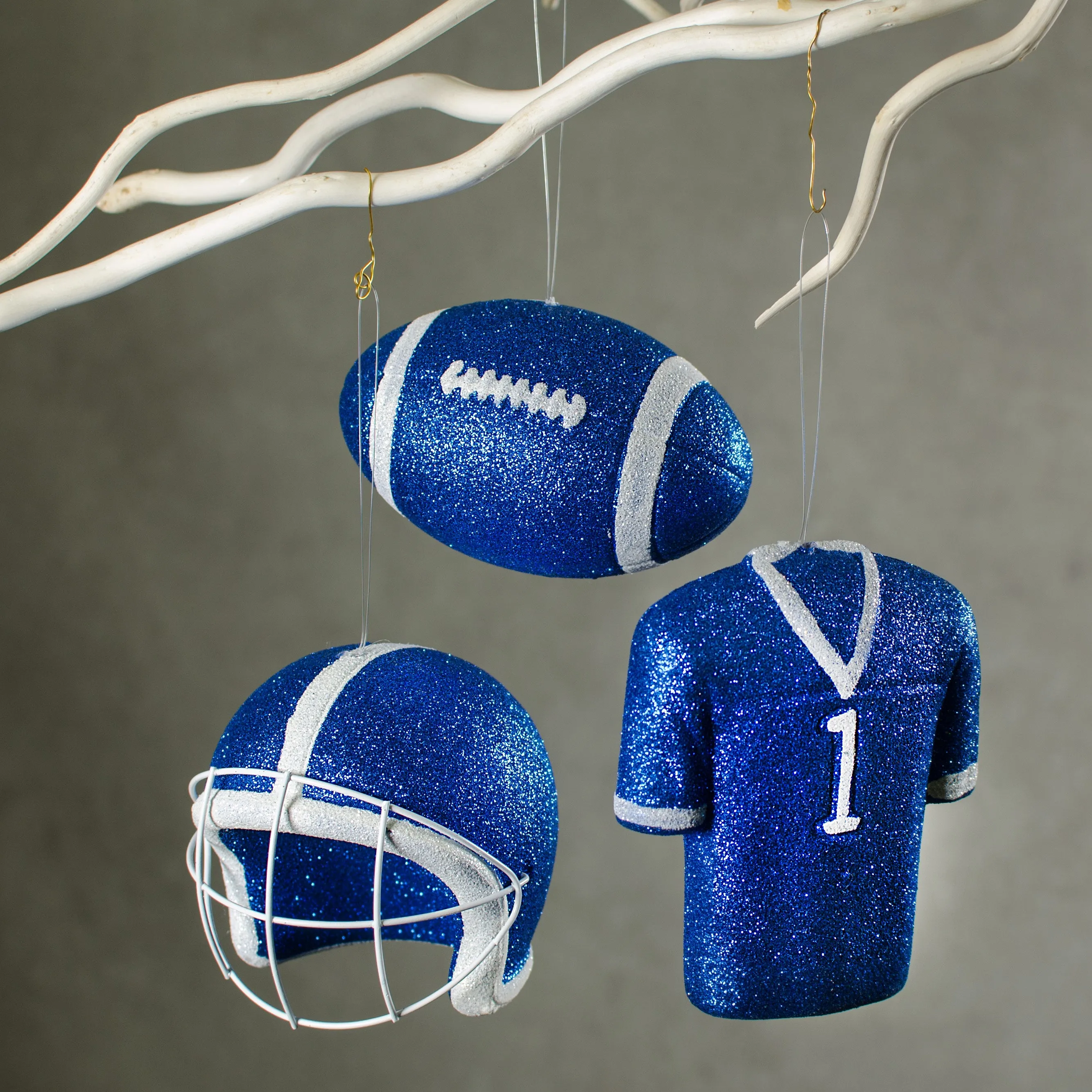 Glitter Football Ornament Assortment: Royal Blue & White (Set of 3)