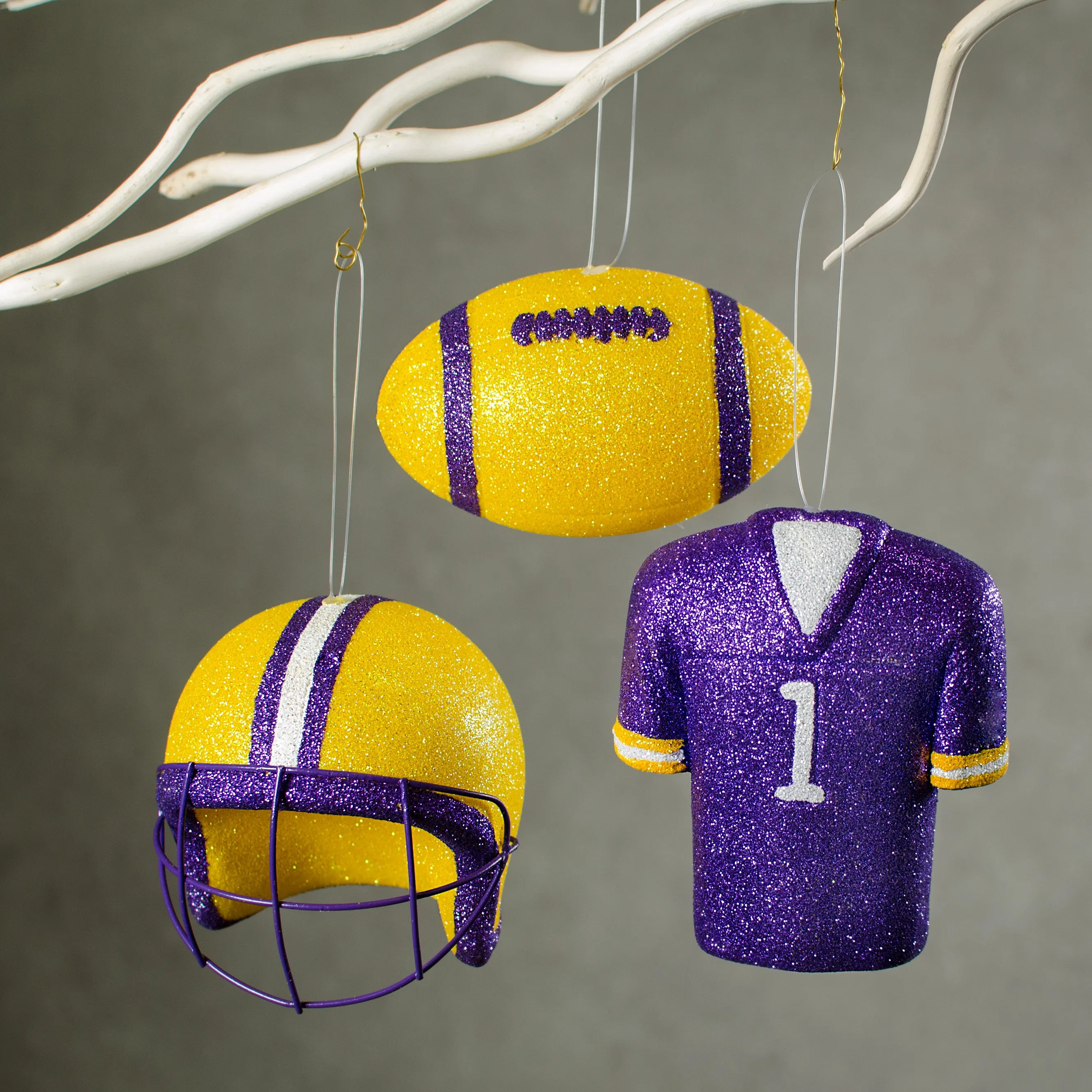 Glitter Football Ornament Assortment: Yellow, Purple & White (Set of 3)