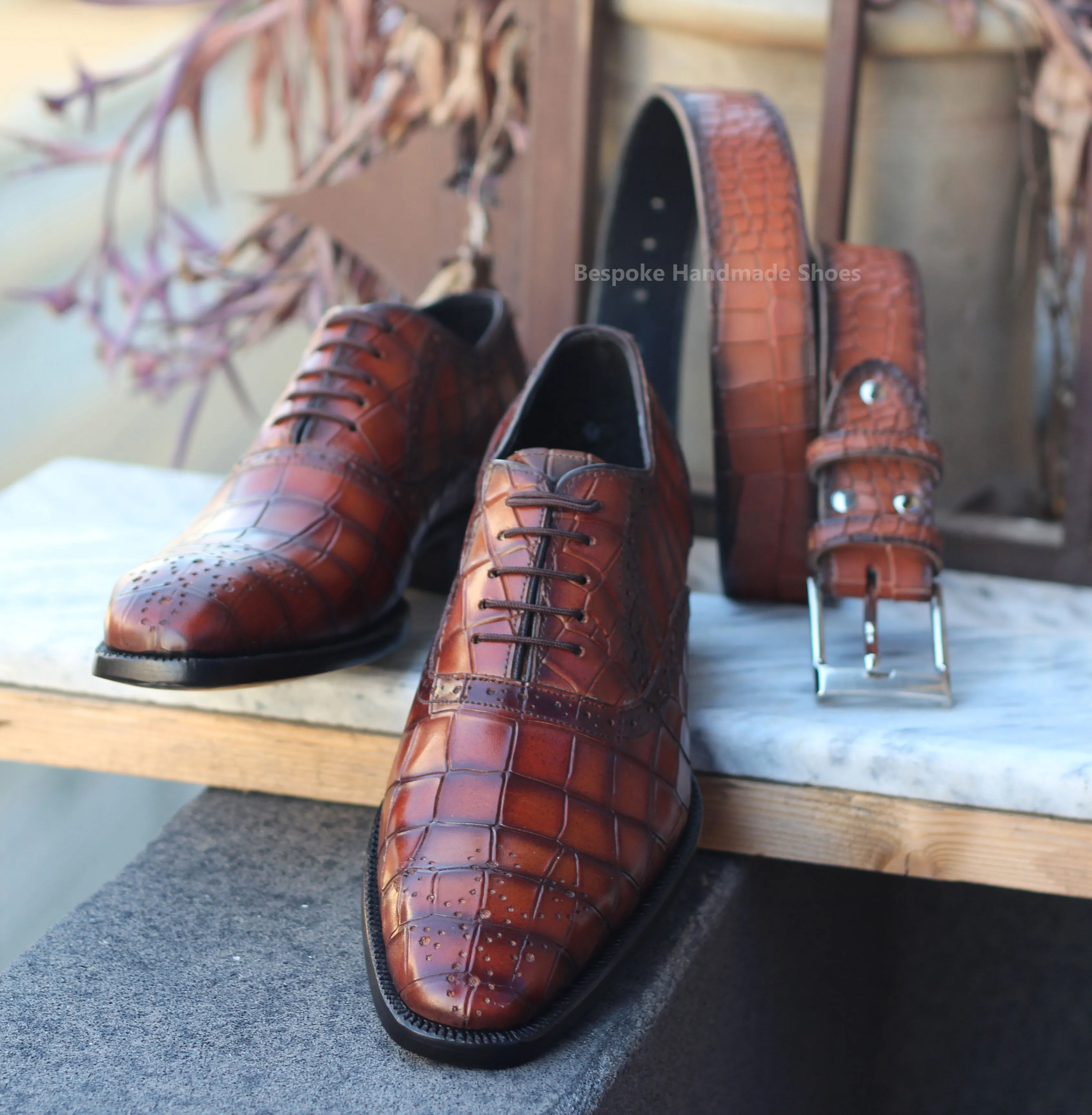 Handmade Crocodile Print Brown Leather Oxford Shoe, Whole-cut Lace Up Brogue Shoes