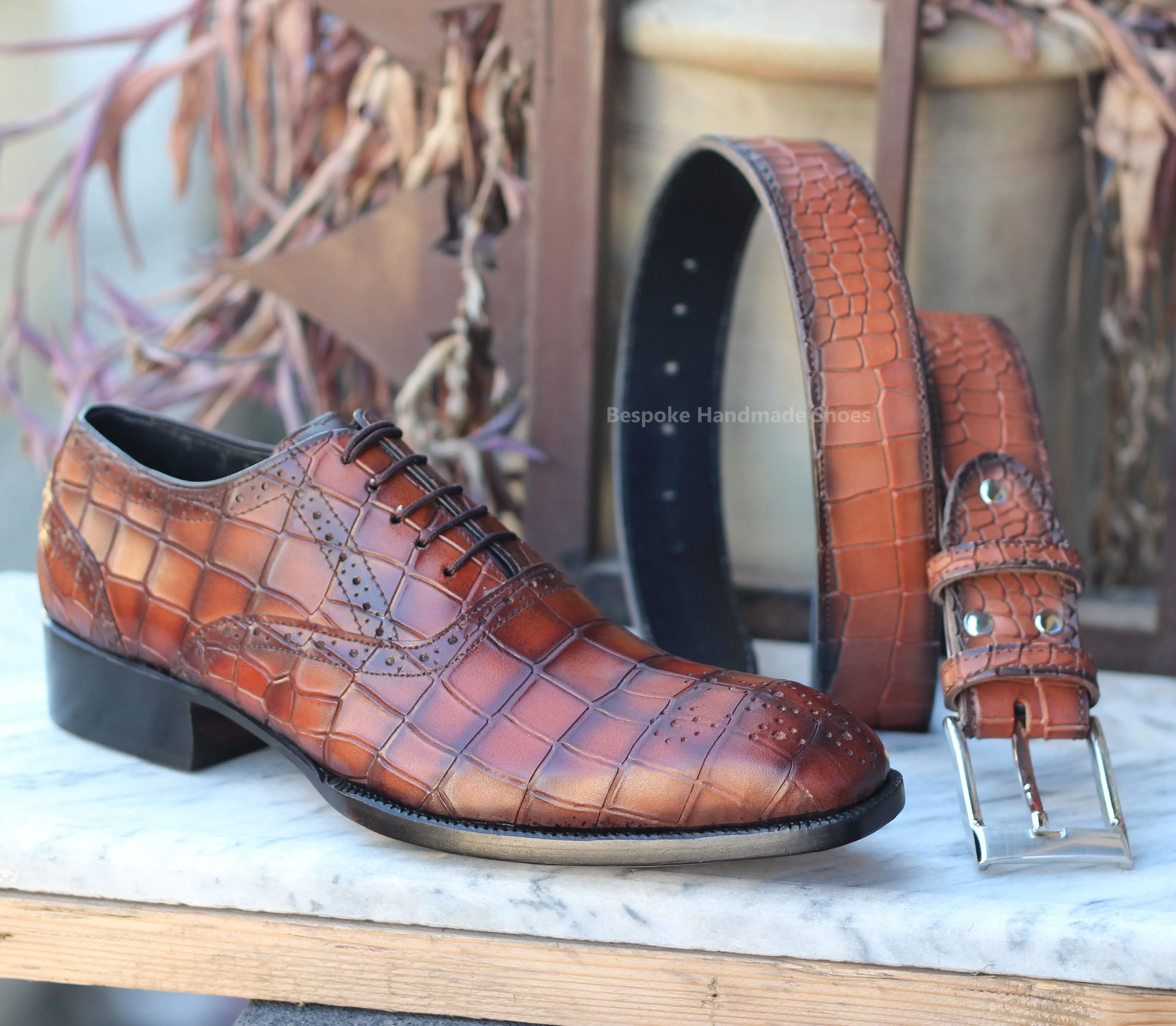 Handmade Crocodile Print Brown Leather Oxford Shoe, Whole-cut Lace Up Brogue Shoes