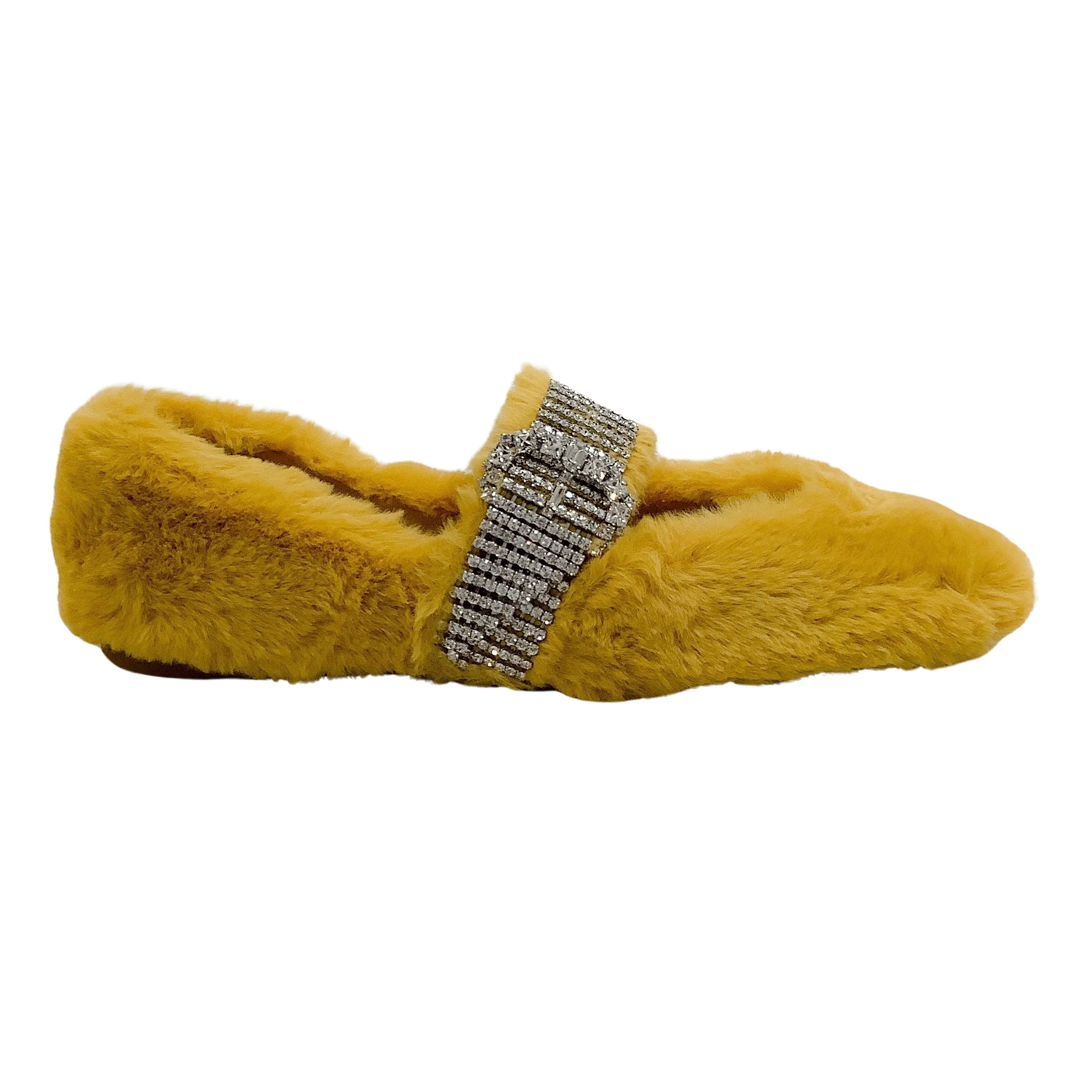 Jimmy Choo Yellow Faux Fur Krista Flats with Crystal Embellishments