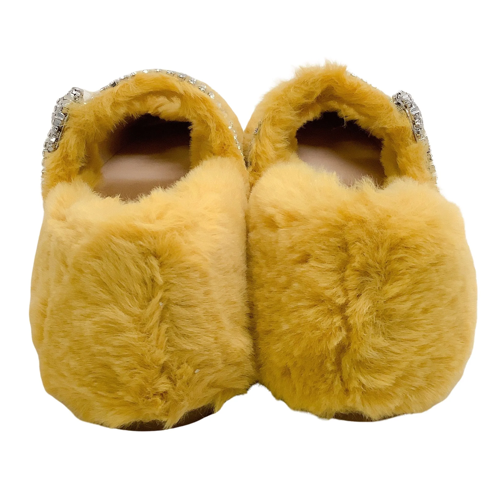 Jimmy Choo Yellow Faux Fur Krista Flats with Crystal Embellishments