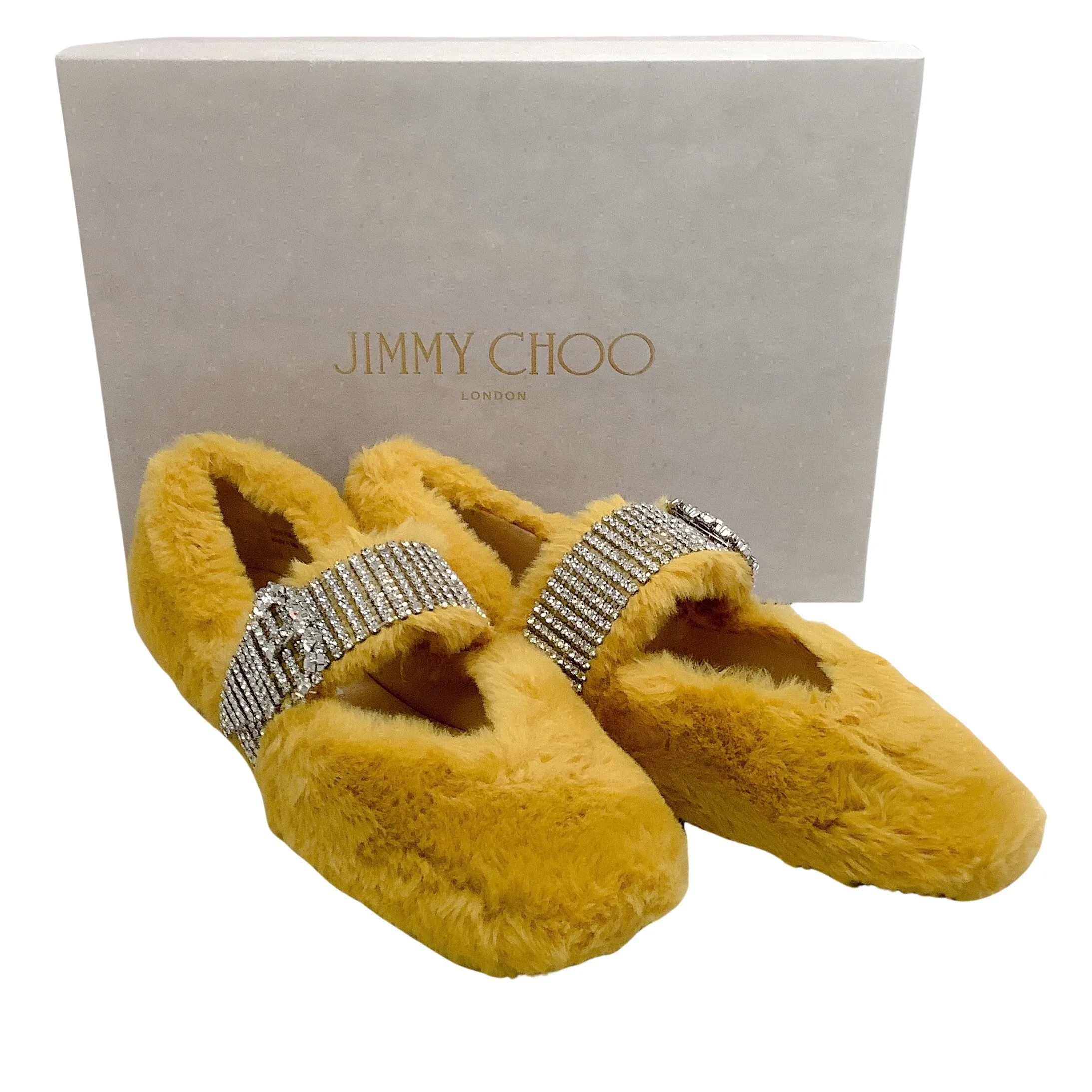 Jimmy Choo Yellow Faux Fur Krista Flats with Crystal Embellishments