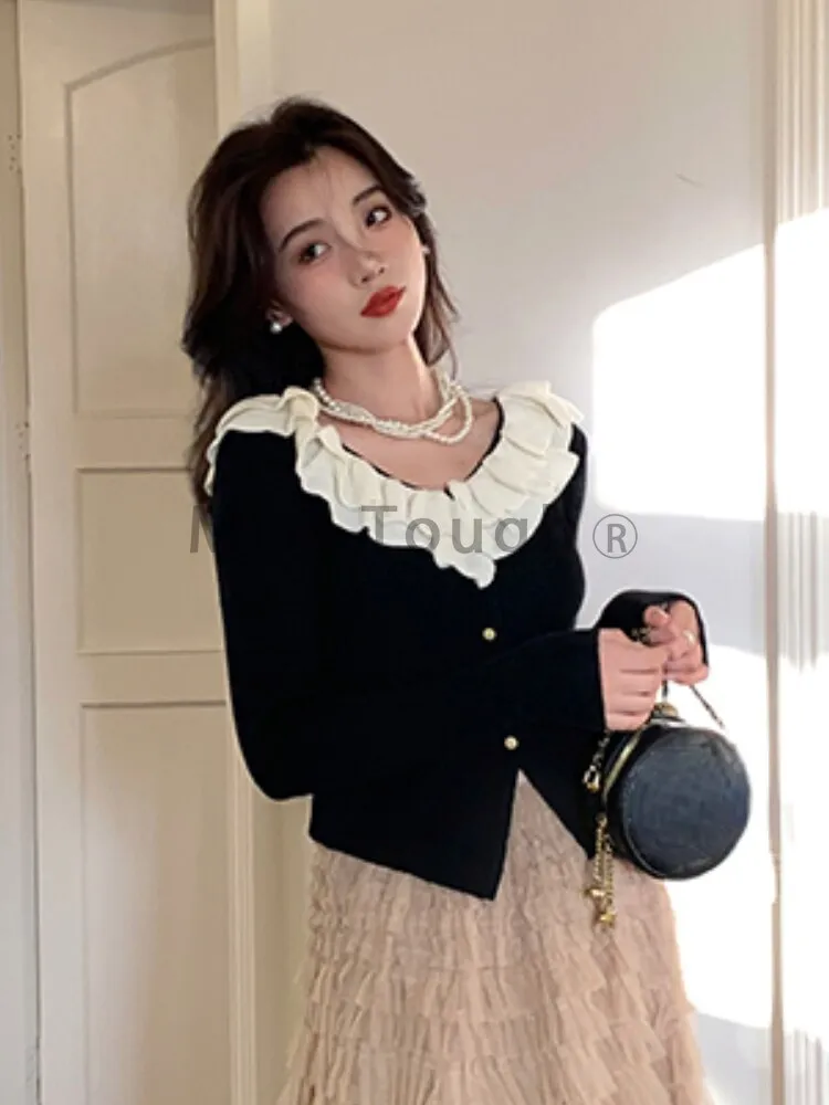 Joskaa Autumn Korean Fashion Knitted Cardigan Women Ruffles Patchwork Causal Sweet Sweater Female Long Sleeve French Vintage Coat 2024