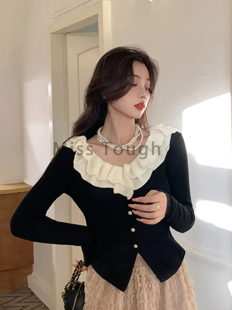 Joskaa Autumn Korean Fashion Knitted Cardigan Women Ruffles Patchwork Causal Sweet Sweater Female Long Sleeve French Vintage Coat 2024