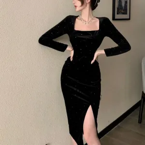 Joskaa Black Friday Sales Black Velvet Long Dress Women Elegant Vintage Square Collar Long Sleeve Dress Korean Sexy Casual Evening Party Dress Autumn