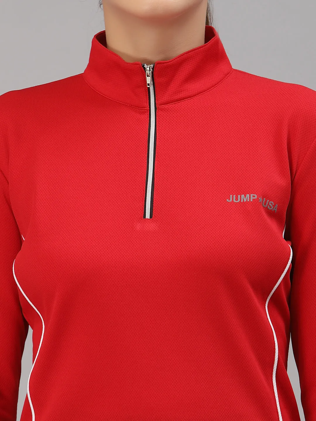 JUMP USA Lifestyle Women Red Polyster Stand Collor T-Shirt