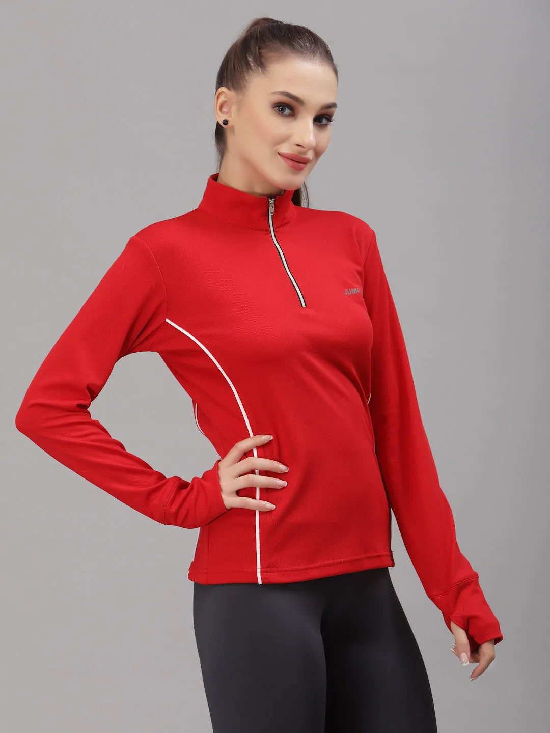 JUMP USA Lifestyle Women Red Polyster Stand Collor T-Shirt