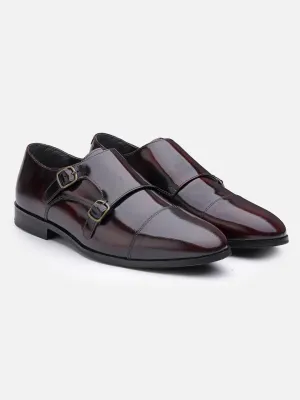 Leather Monk Burgundy Formal Shoes For Men