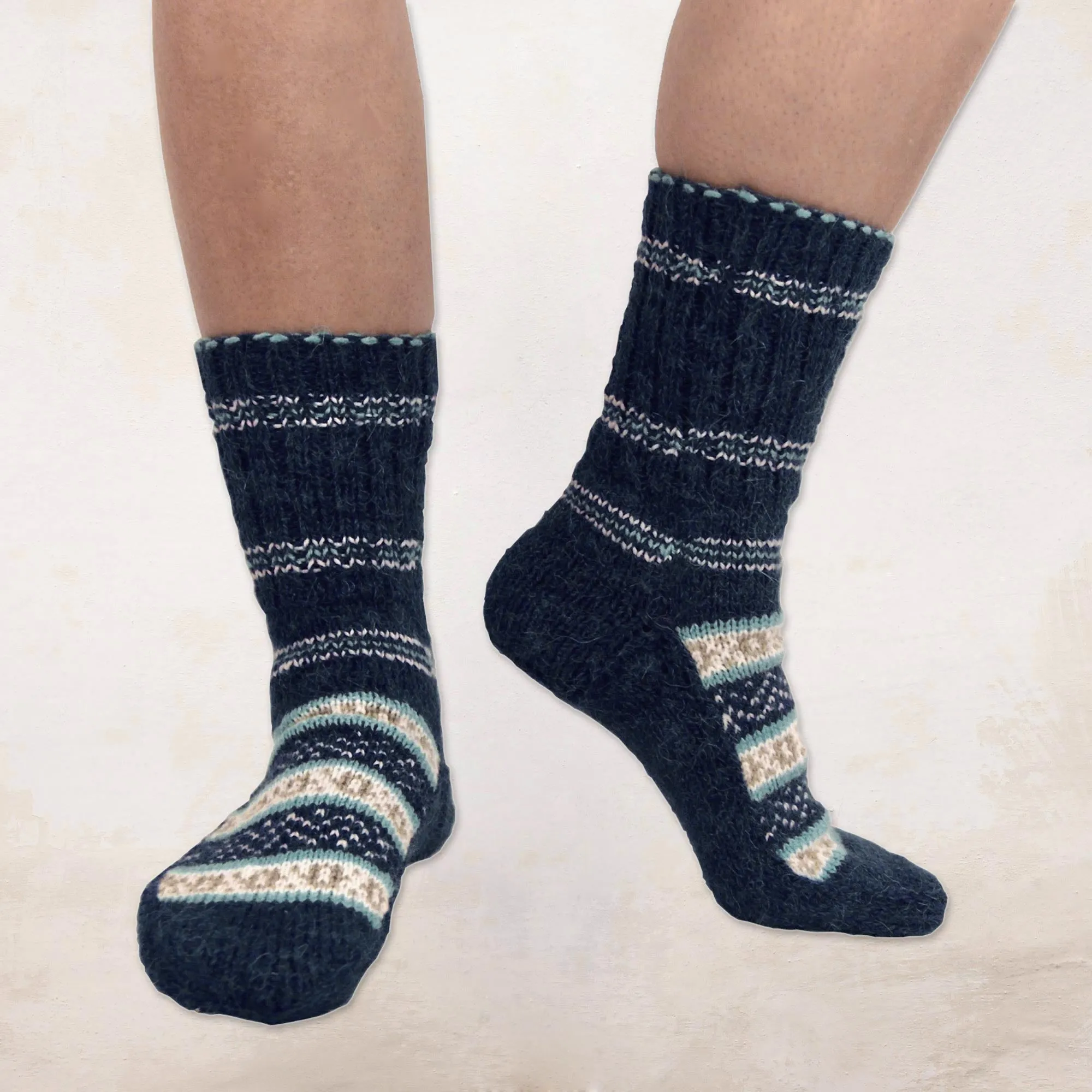 Midnight Frost Hand-Knit Midnight Blue Thick Slipper Style Socks from India