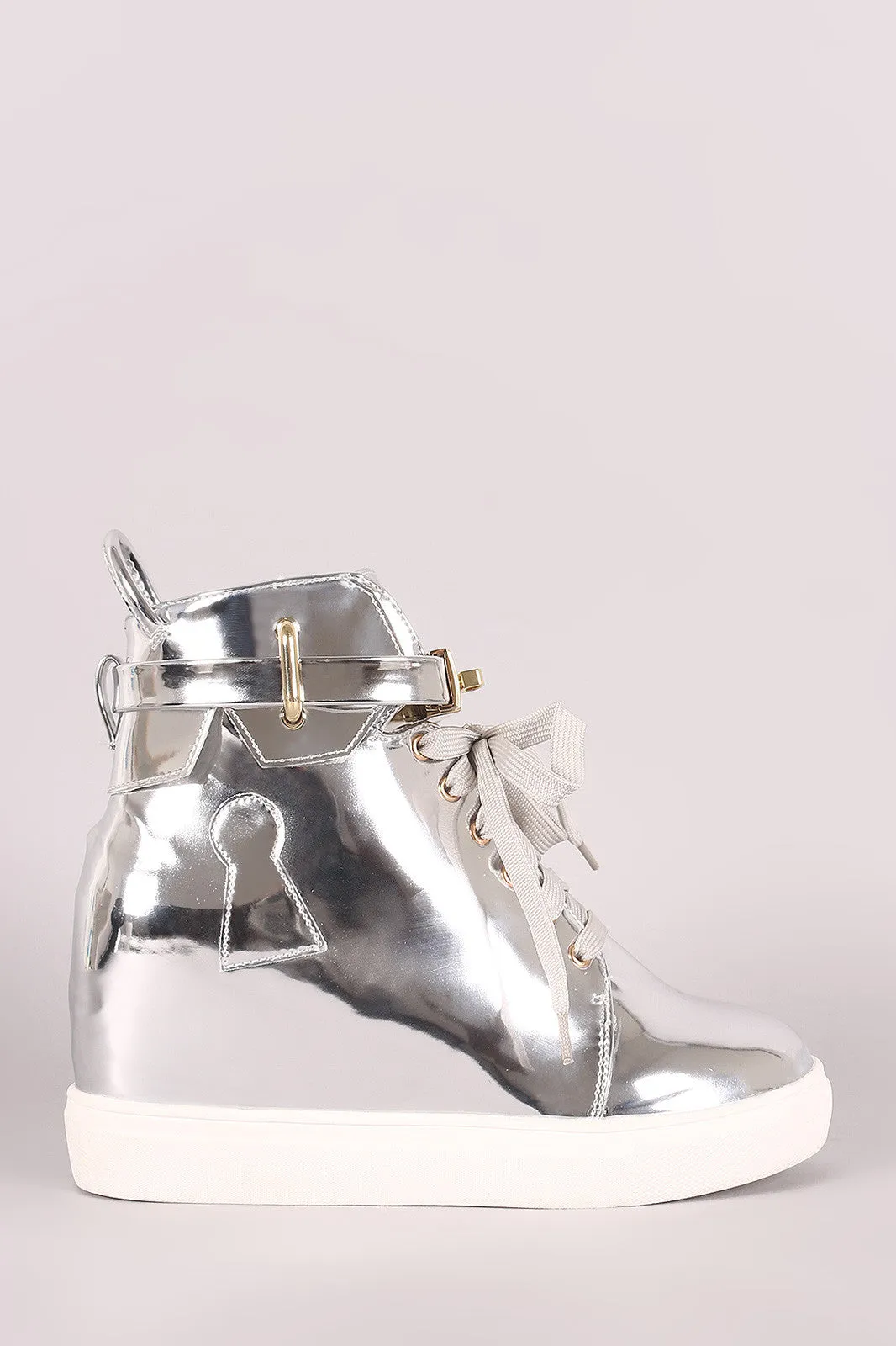 Mirror Metallic Twist-Lock Lace Up High Top Wedge Sneaker