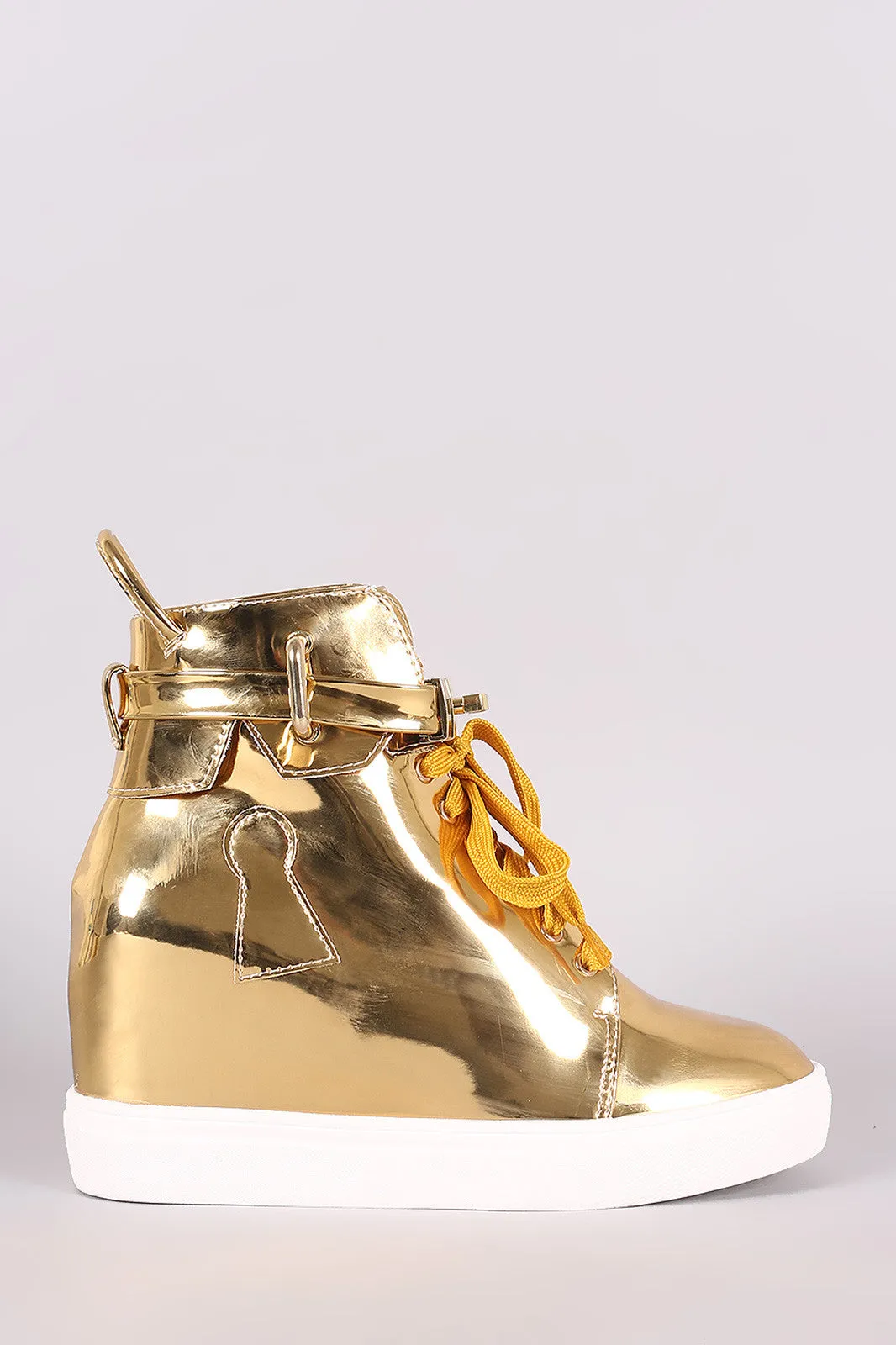 Mirror Metallic Twist-Lock Lace Up High Top Wedge Sneaker