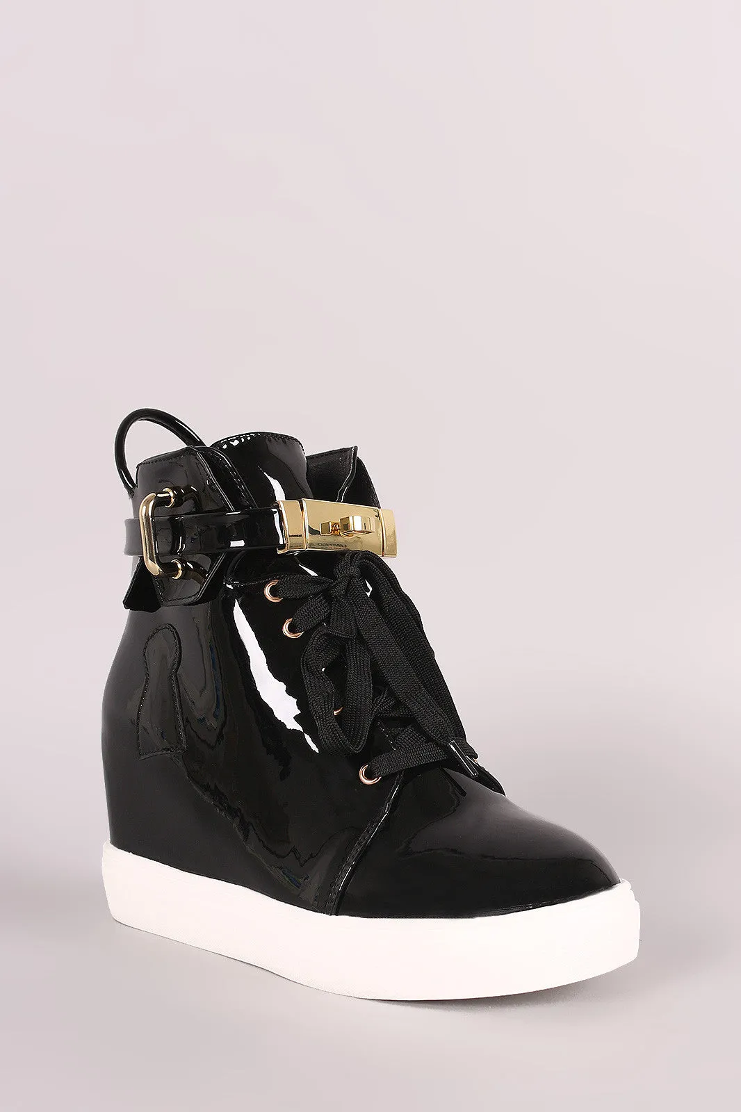 Mirror Metallic Twist-Lock Lace Up High Top Wedge Sneaker