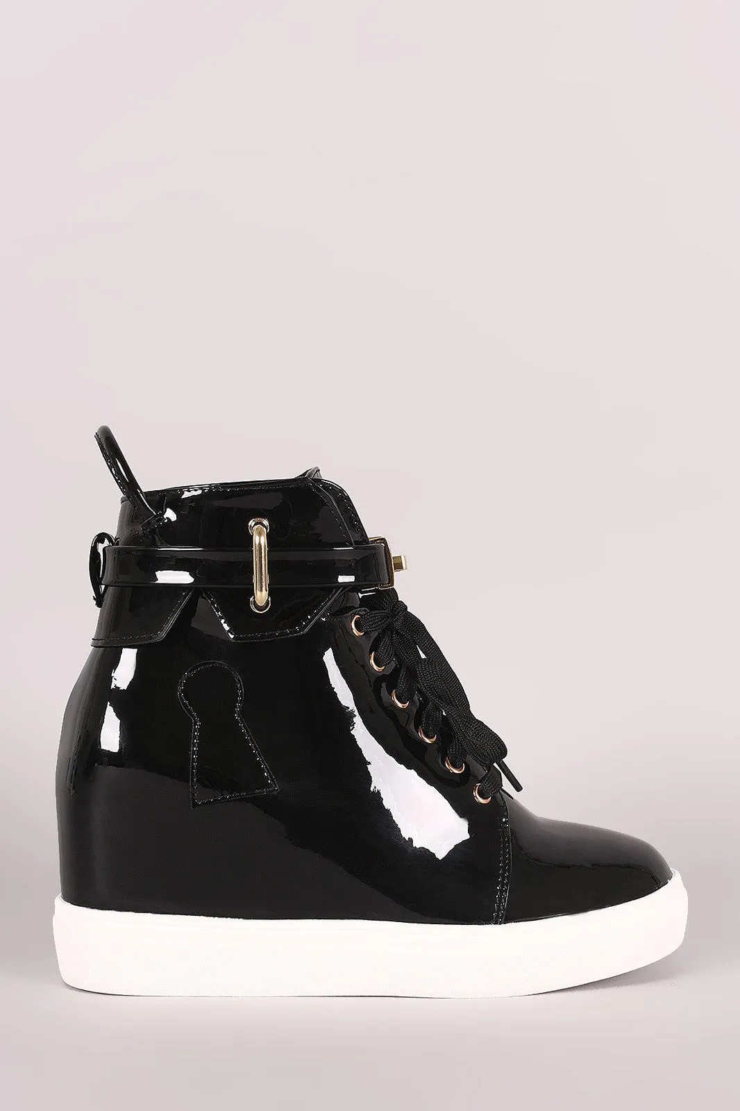 Mirror Metallic Twist-Lock Lace Up High Top Wedge Sneaker