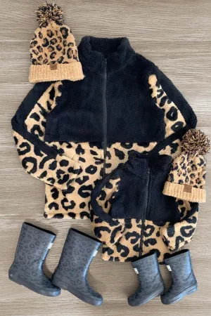 Mom & Me - Black Cheetah Sherpa Zip-Up Jacket