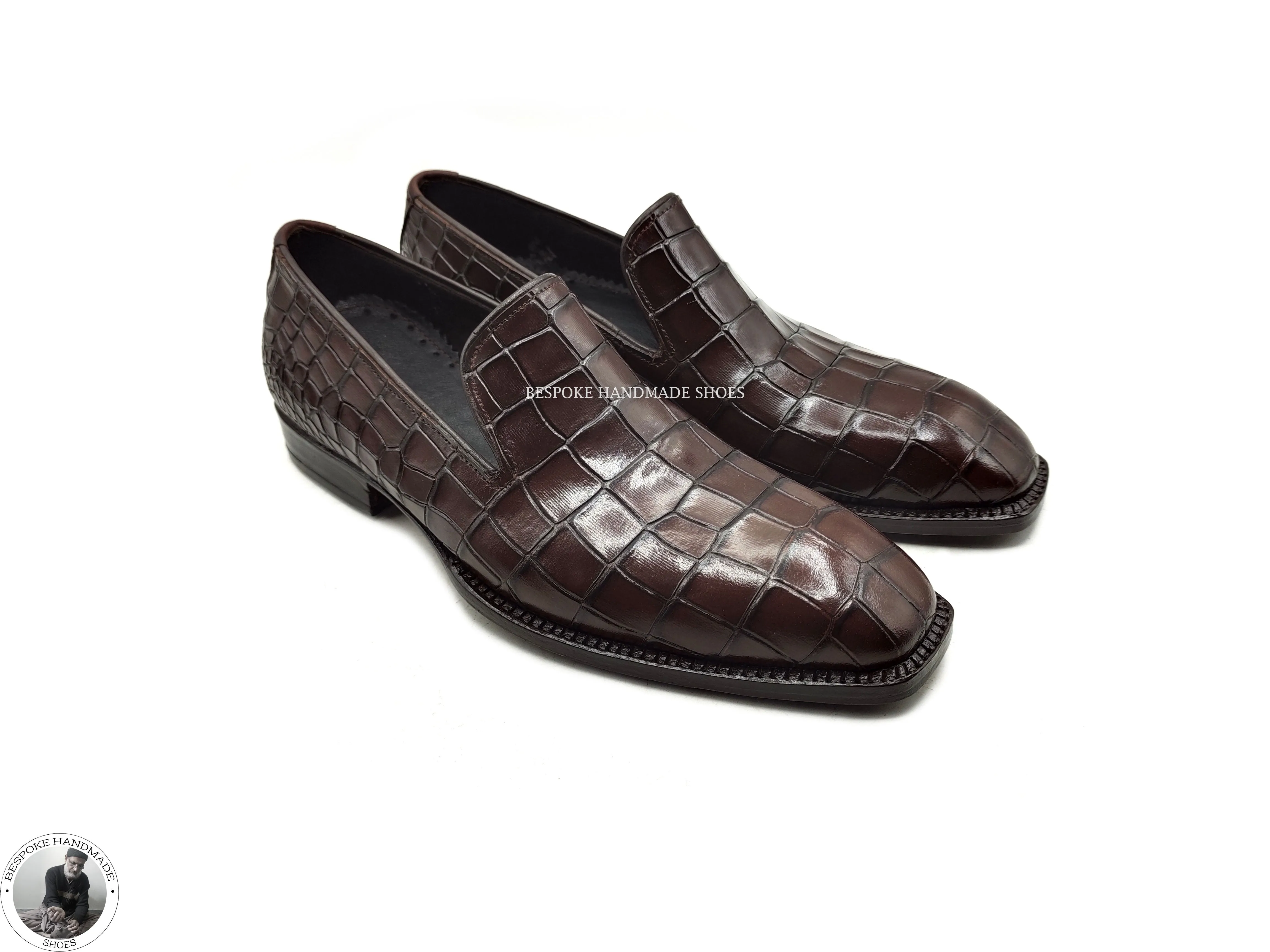 New Handmade Men’s Genuine Brown Crocodile Print Leather Loafer Moccasin Dress Shoes