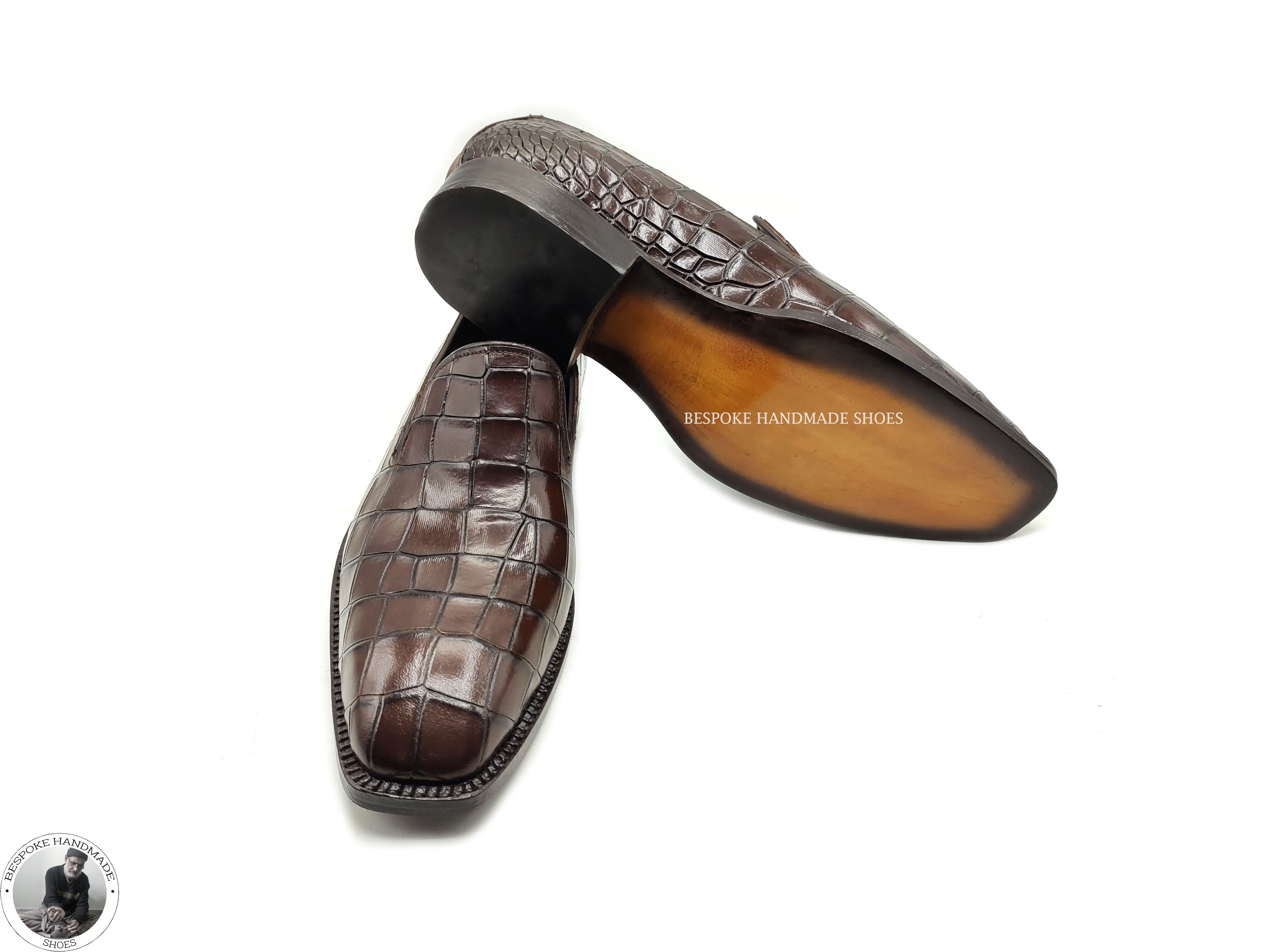 New Handmade Men’s Genuine Brown Crocodile Print Leather Loafer Moccasin Dress Shoes