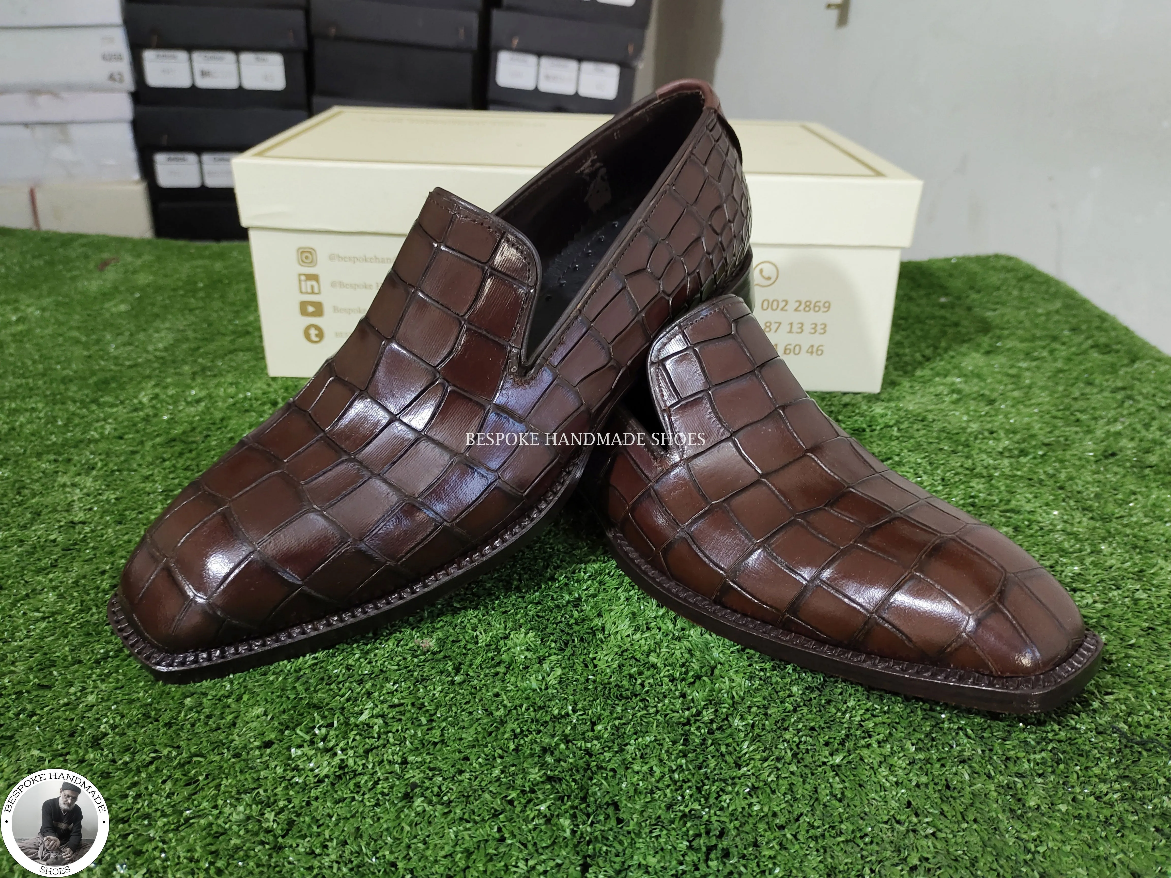 New Handmade Men’s Genuine Brown Crocodile Print Leather Loafer Moccasin Dress Shoes