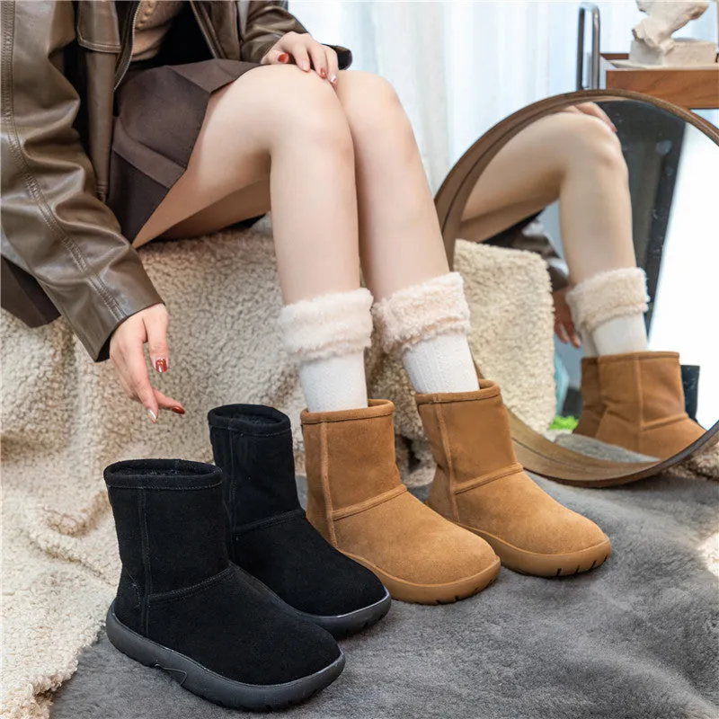 New Thick Sole Fleece Lined Genuine Leather Winter Short Boots Shoes