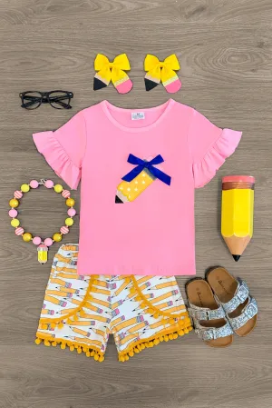 Pink & Yellow Pencil Pom Pom Short Set