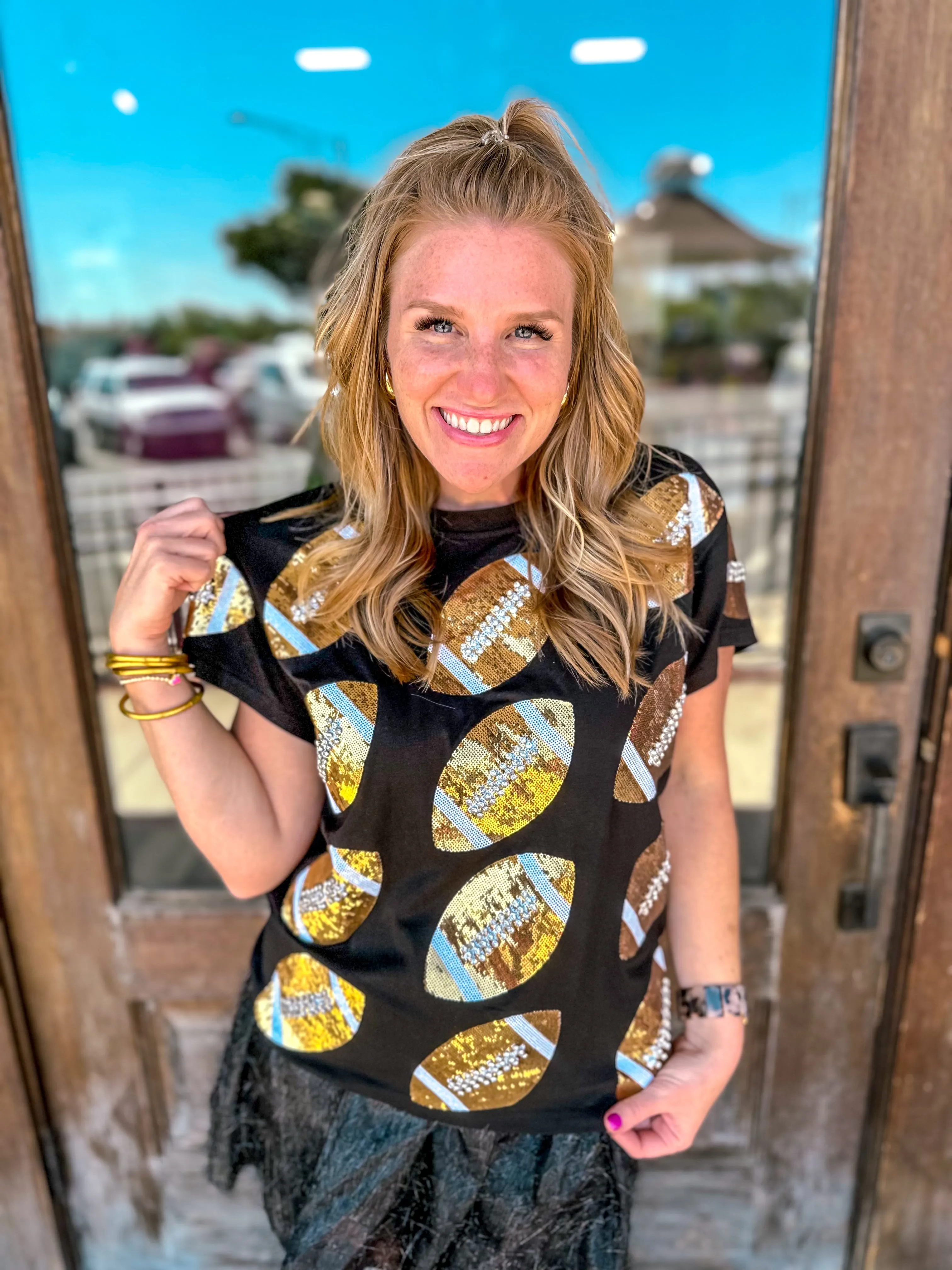 Queen of Sparkles: Black and Gold Rhinestone Lace Football Tee