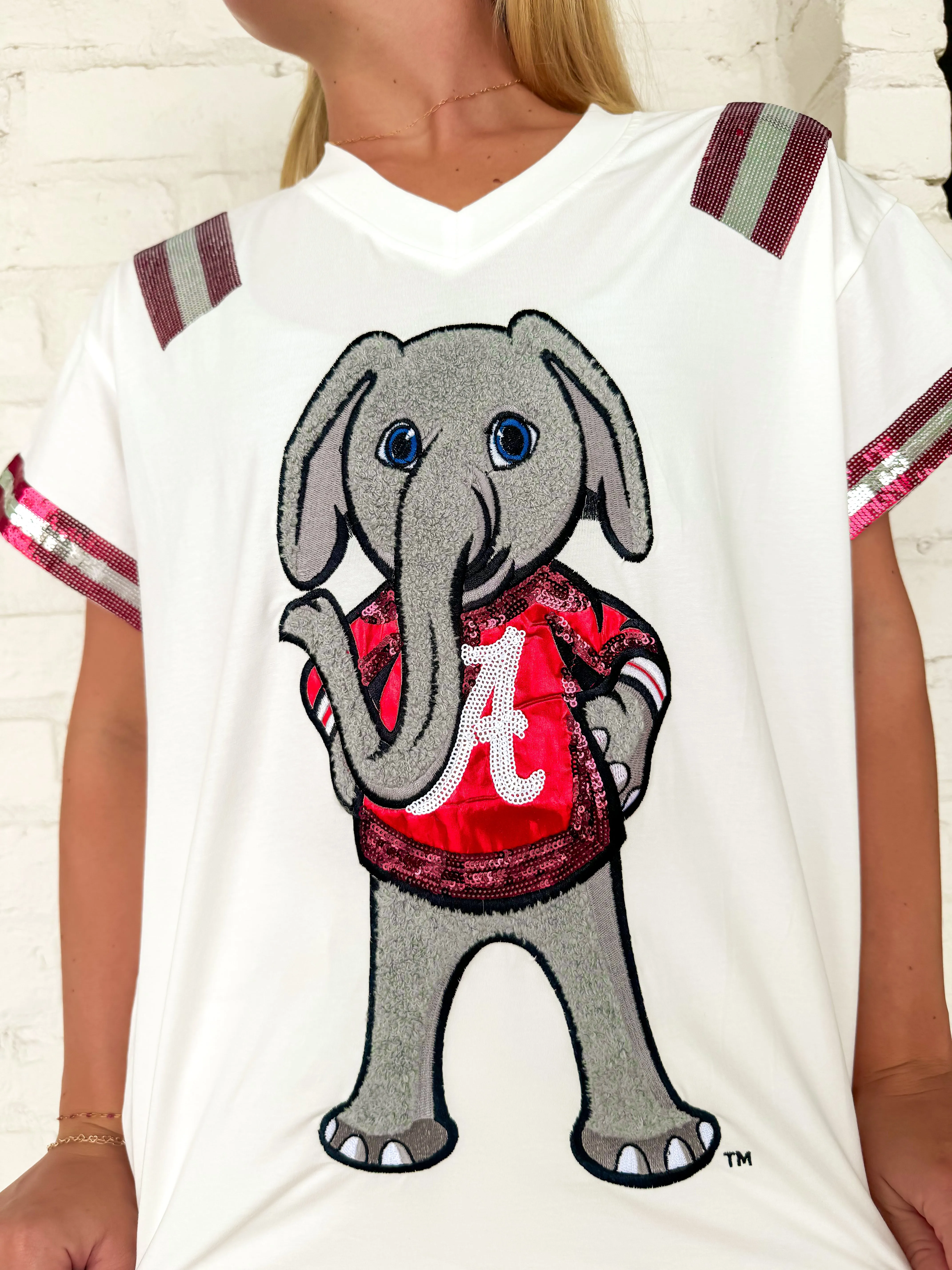 Queen Of Sparkles White & Crimson Alabama Elephant Jersey Tee