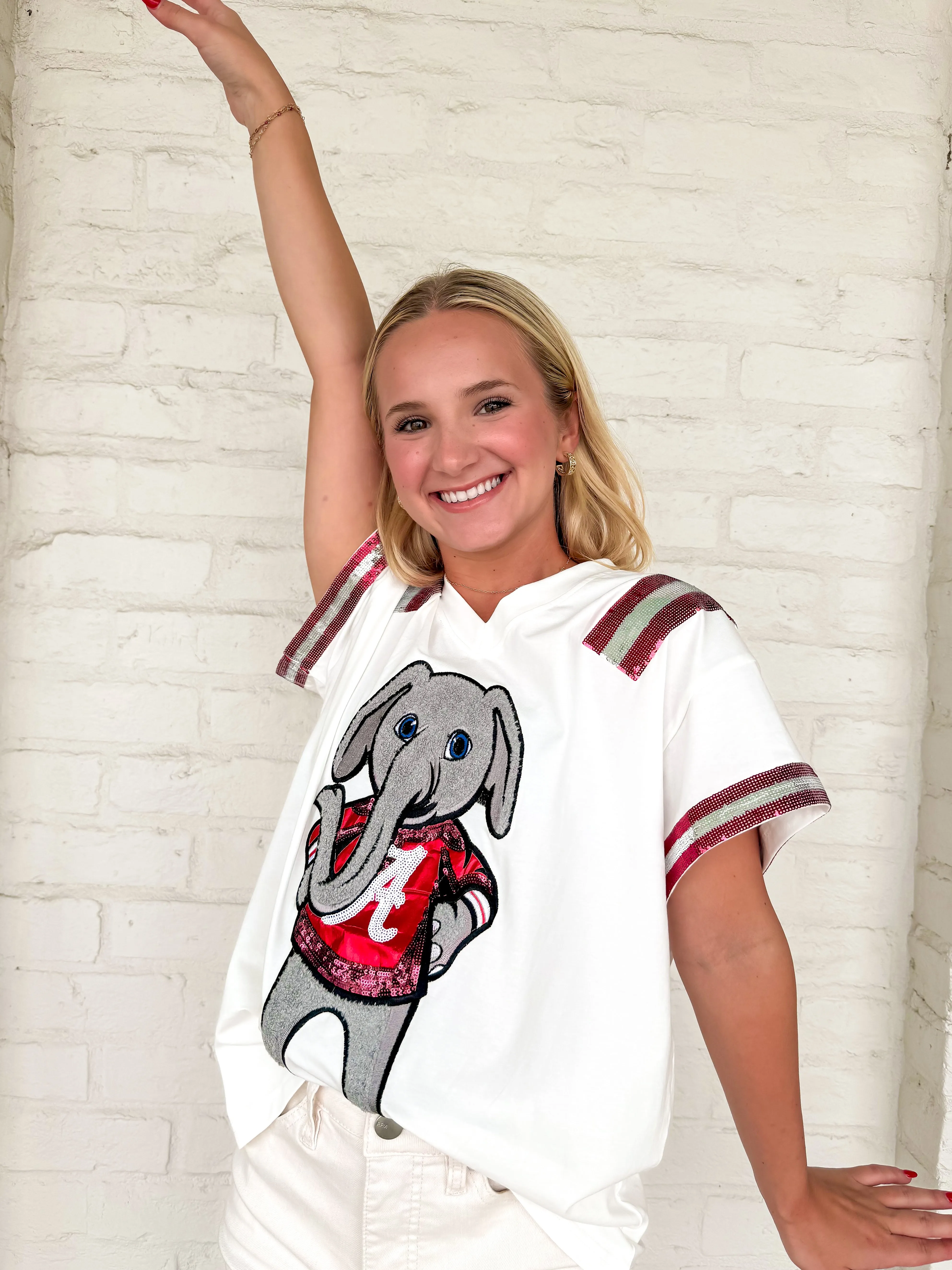 Queen Of Sparkles White & Crimson Alabama Elephant Jersey Tee