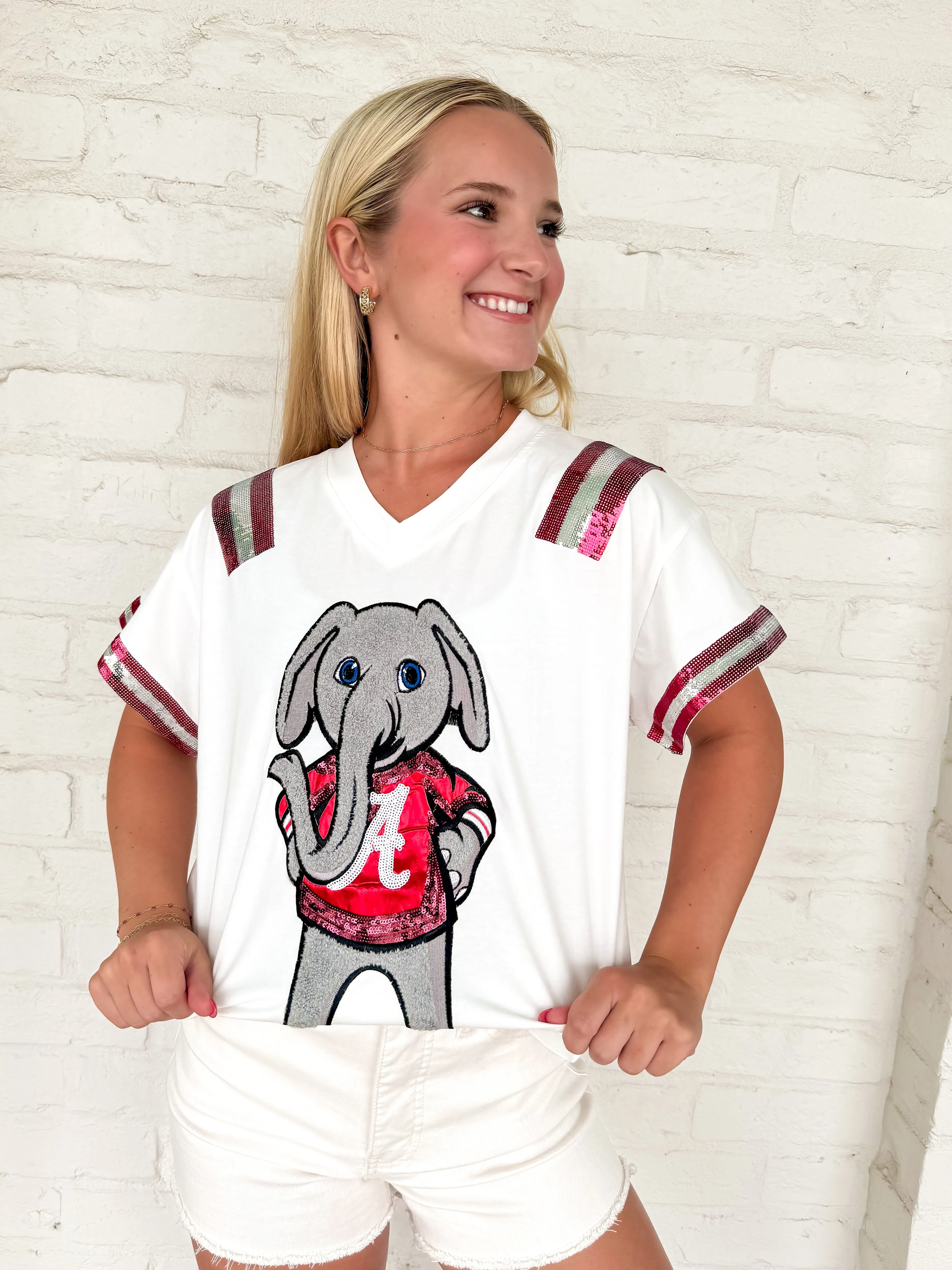 Queen Of Sparkles White & Crimson Alabama Elephant Jersey Tee