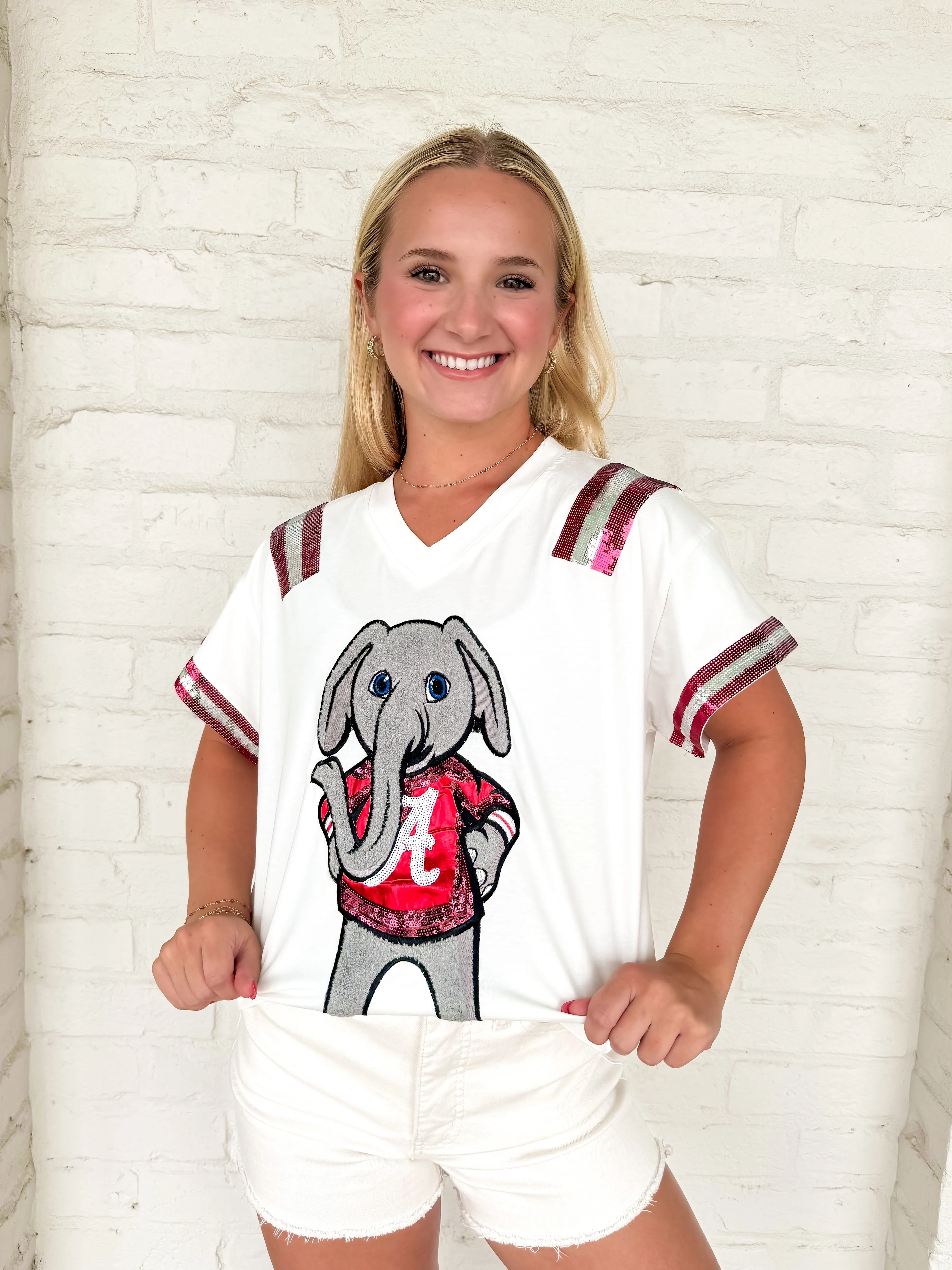 Queen Of Sparkles White & Crimson Alabama Elephant Jersey Tee