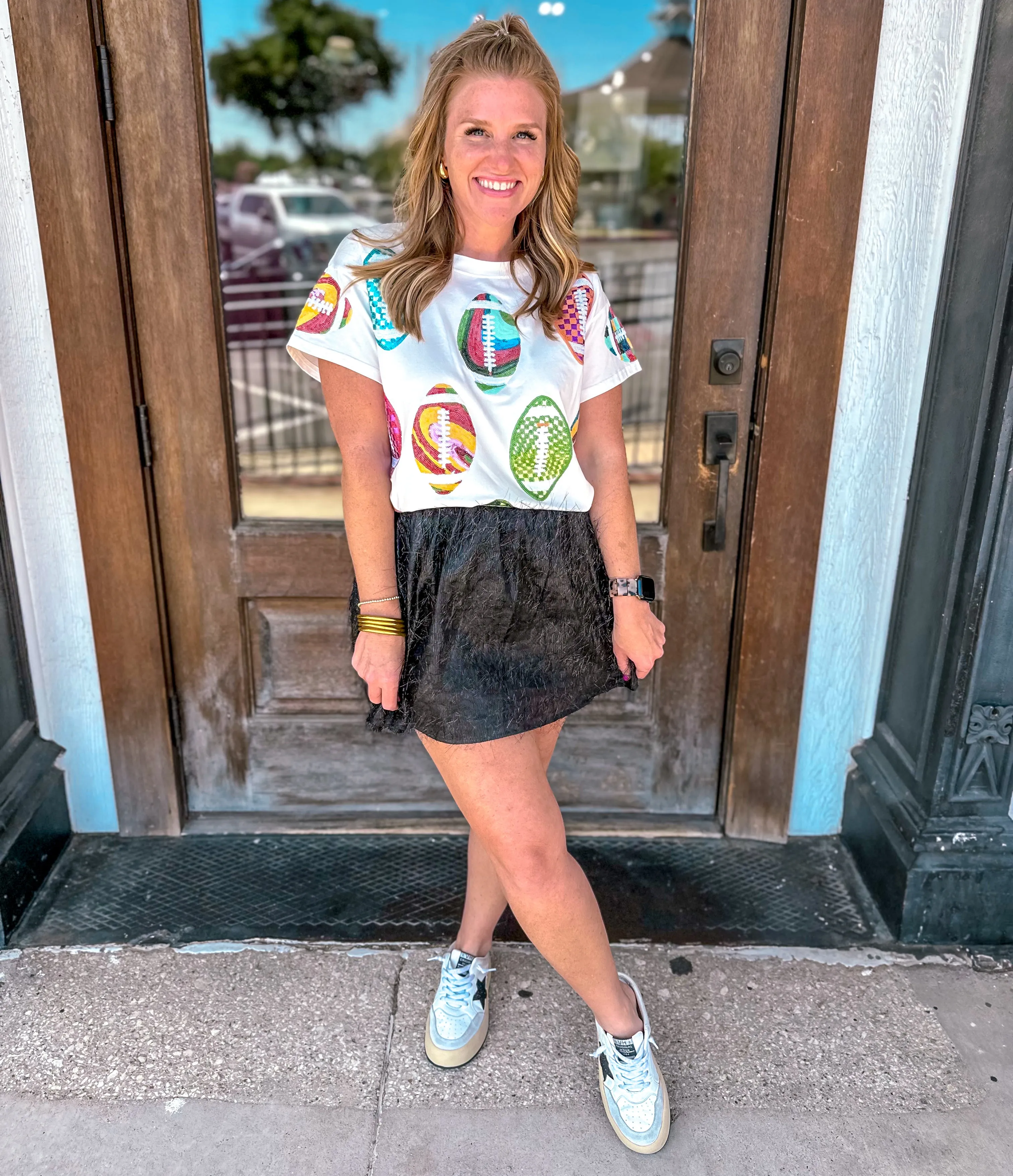 Queen of Sparkles: White Groovy Scattered Football Tee