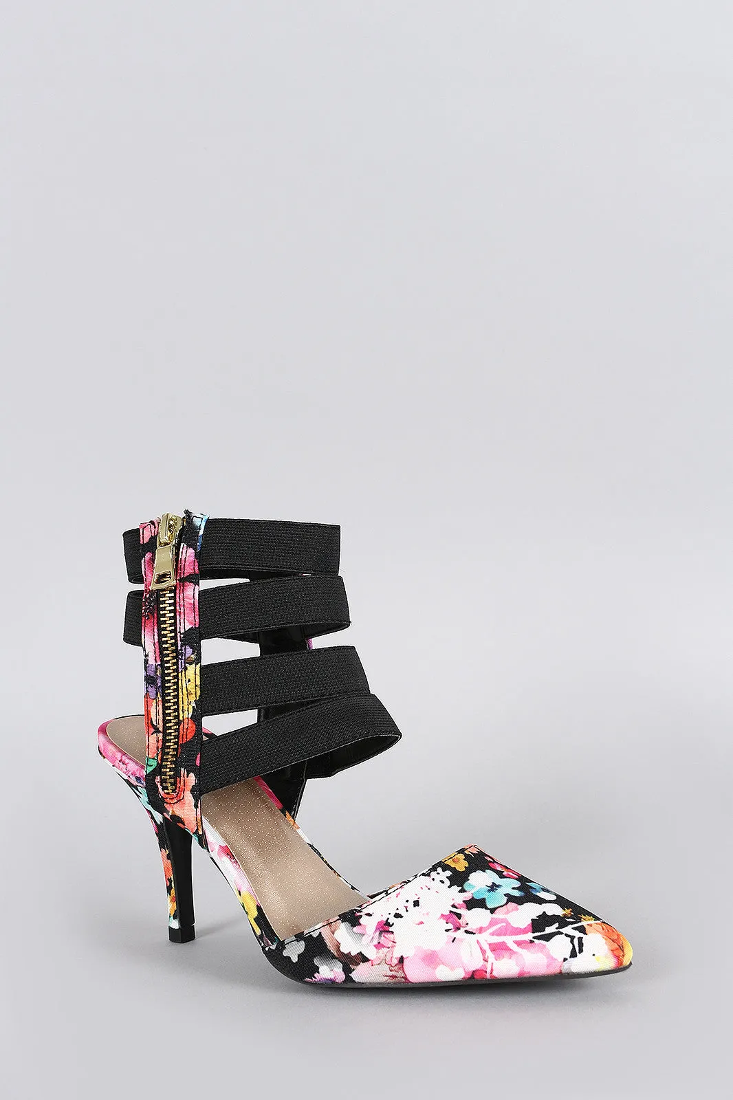 Qupid Floral Strappy Cuff Pointy Toe Pump