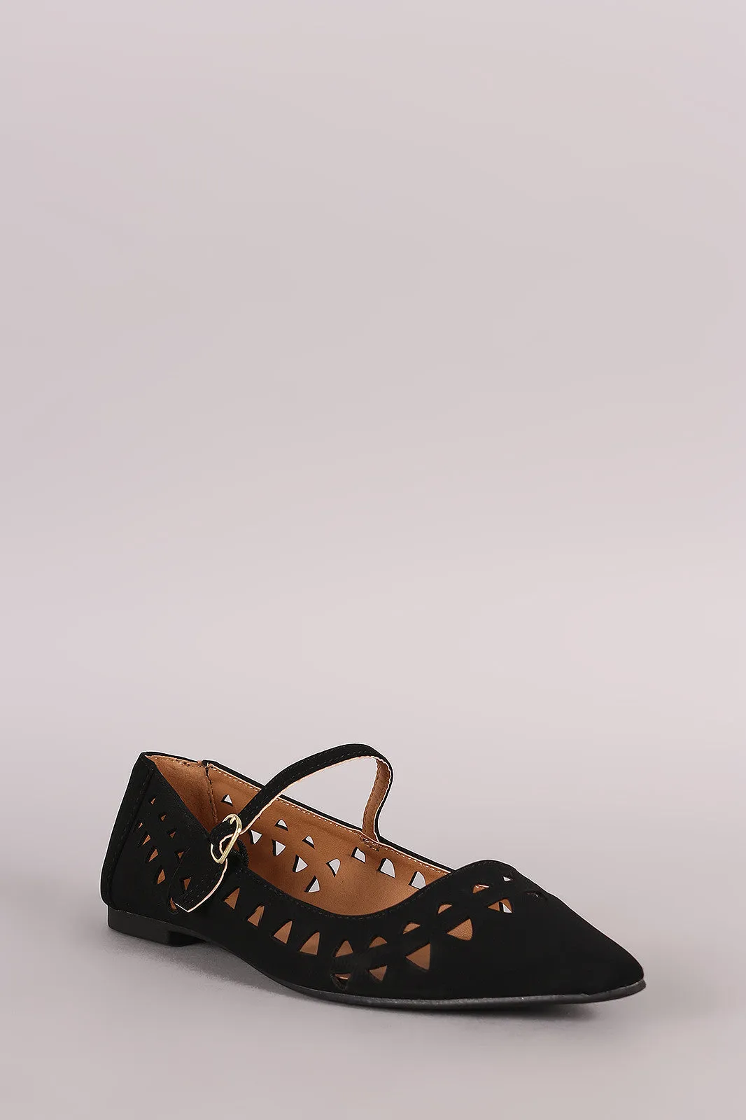 Qupid Laser Cutout Nubuck Pointy Toe Mary Jane Flat