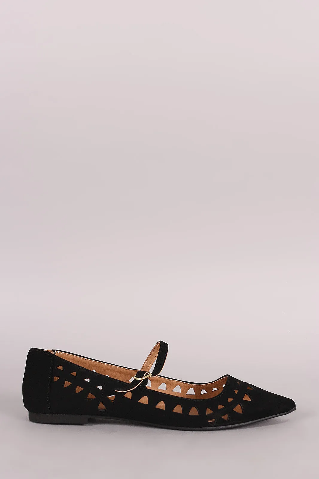 Qupid Laser Cutout Nubuck Pointy Toe Mary Jane Flat