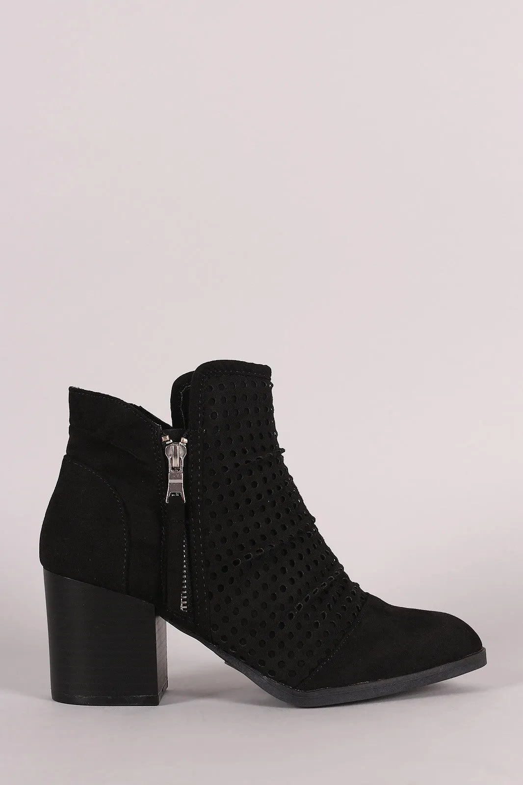 Qupid Perforated Suede Chunky Heeled Cowgirl Booties