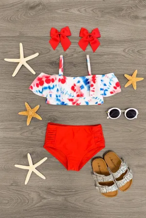 Red, White & Blue Tie Dye Swimsuit Set