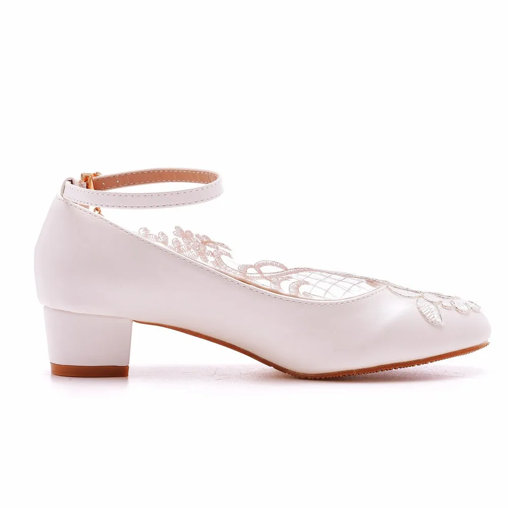 Round Toe Lace Ankle Strap Chunky Heel Wedding Shoes